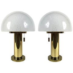 Glashütte Limburg Mushroom Brass Lamp, Blown Glass Shade, 1970s, Germany