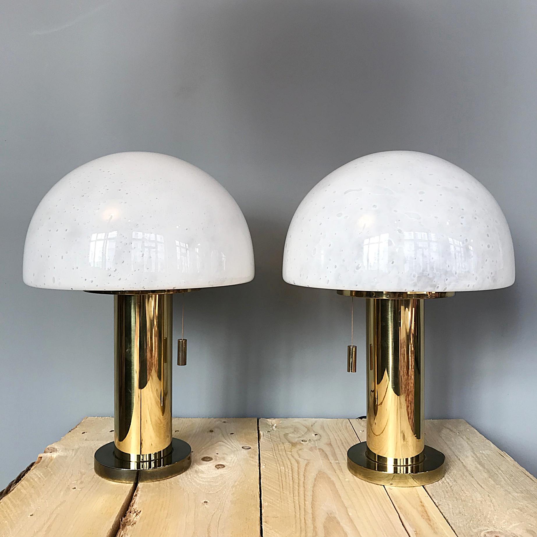 GLASHÜTTE LIMBURG Mushroom Brass Table Lamps, Blown Glass Shades, 1970s, Germany For Sale 2