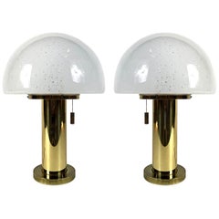 Vintage GLASHÜTTE LIMBURG Mushroom Brass Table Lamps, Blown Glass Shades, 1970s, Germany