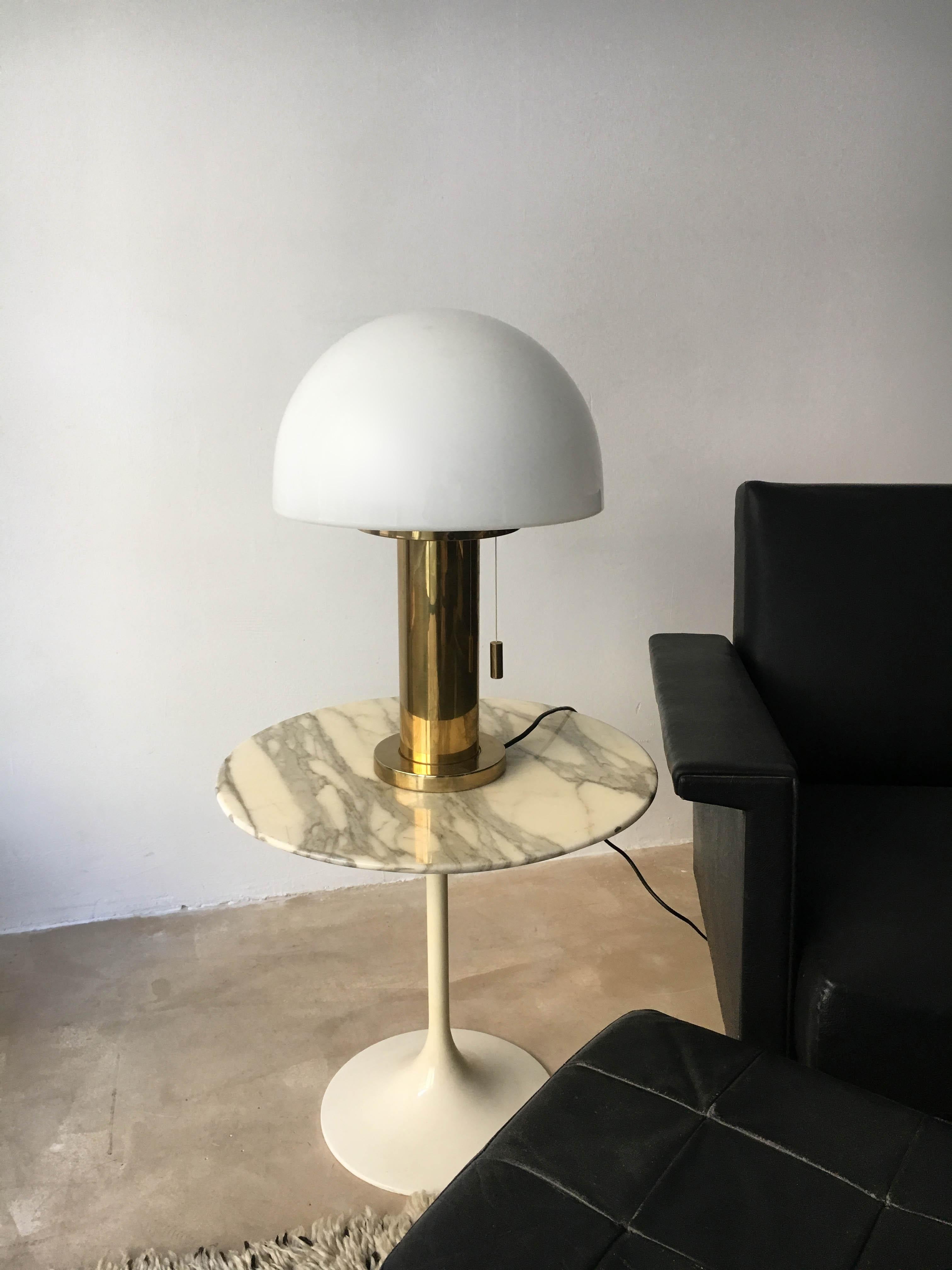 Glashütte Limburg mushroom table lamp satin glass, Germany, 1970s. Table lamp in the design of Karl Springer. Creates a beautiful even and lovely soft light. One regular E27 light bulb or LED, according to your preference. Overall in very good