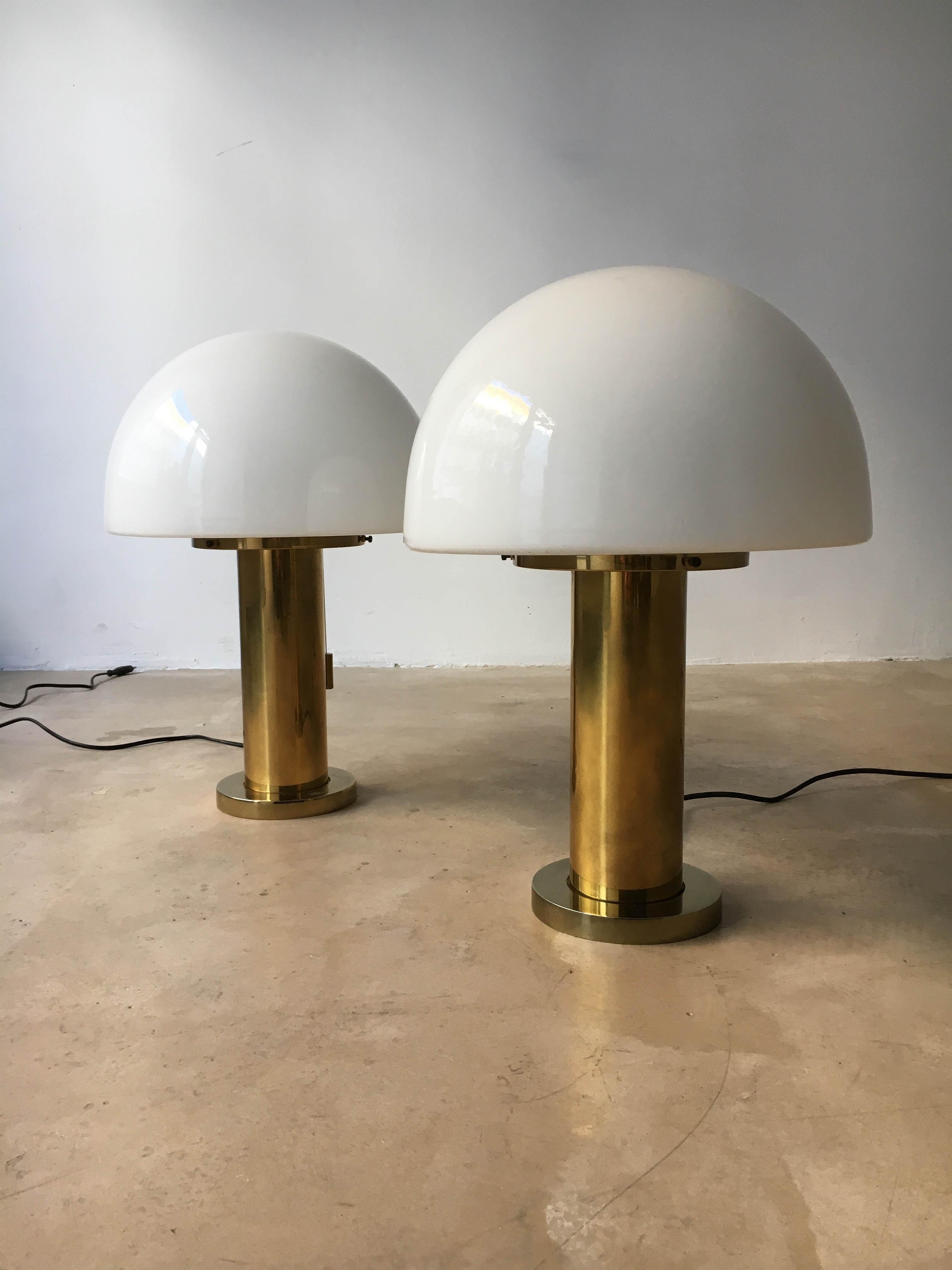 A pair Glashütte Limburg mushroom table lamp with satin glass, Germany 1970s. Very decorative and stylish table lamps in the design of Karl Springer. Creates a beautiful even and lovely soft light. One regular E27 light bulb or LED, according to