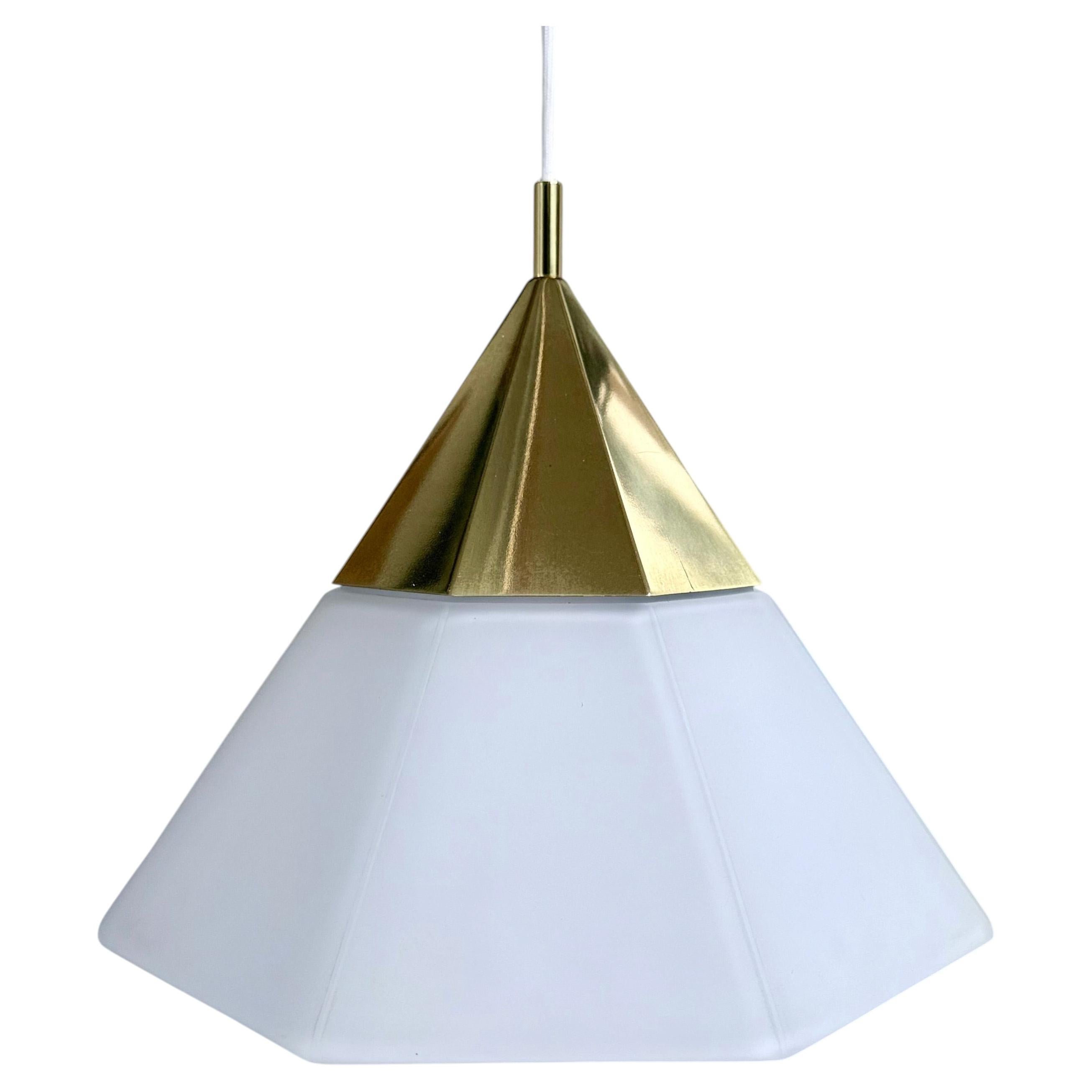 Glashütte Limburg Octagonal Brass Opaline Glass Pendant Lamp Germany 1970