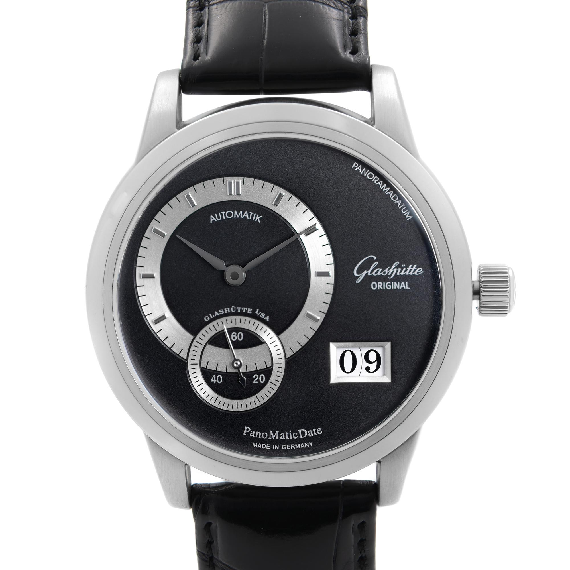 Display Model Limited Edition 174/200. Glashutte Original PanoMatic Date Platinum Black Dial Men's Watch 190-01-03-03-04. This Beautiful Timepiece is Powered by Mechanical (Automatic) Movement And Features: Round Platinum Case with a Black Leather