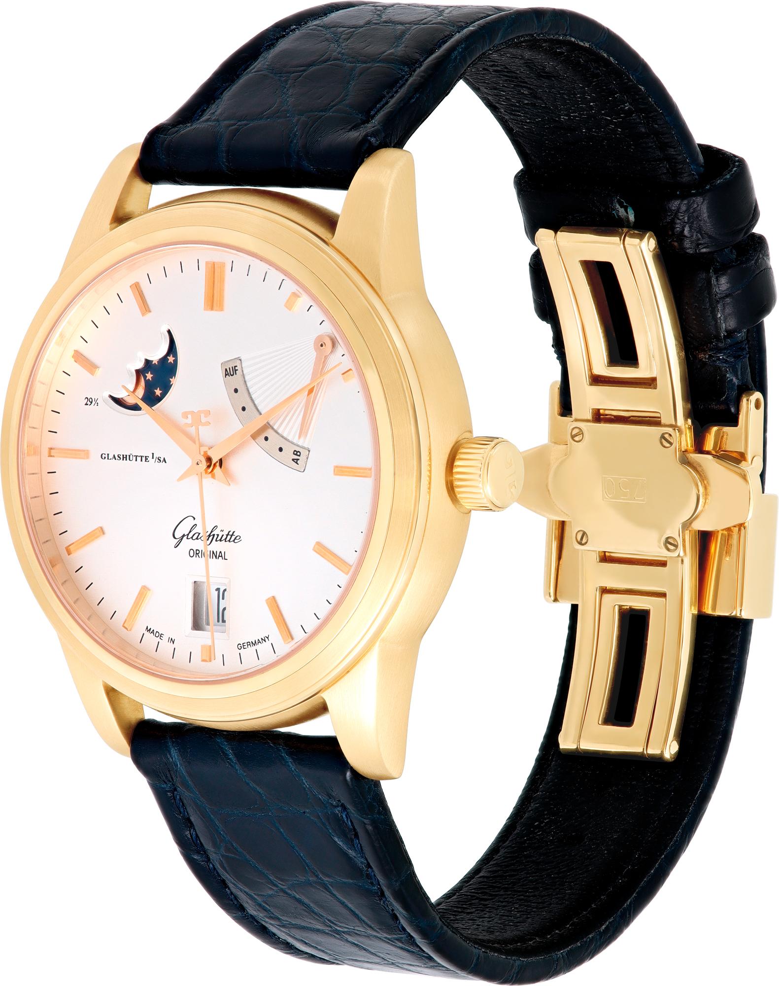 Glashutte Senator Moon Phase in 18 Karat Gelbgold an einem marineblauen Alligatorband mit Faltschließe. Automatikwerk unter Glas mit Datum und Mondphase. 39 mm Gehäusegröße. Mit Schachtel und Papieren. Ref 39-44-03-11-04. CIrca 2004. Kürzlicher