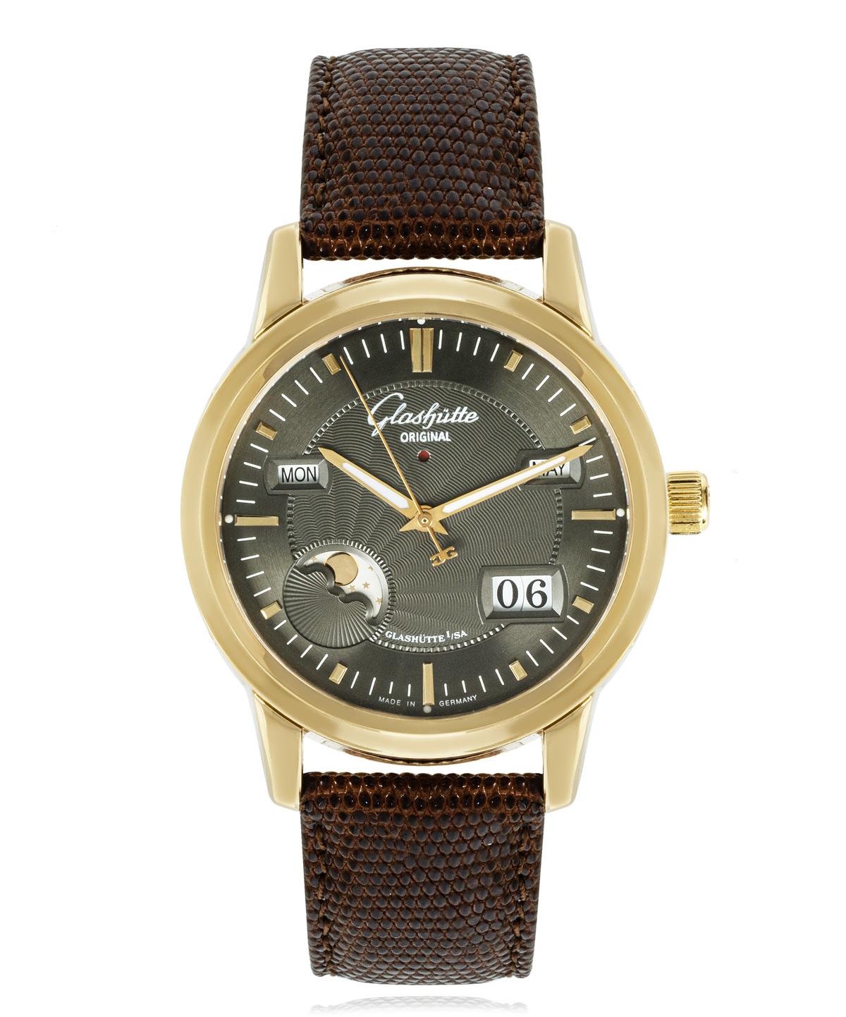A Glashutte Original Senator Perpetual Calendar in yellow gold. Featuring a grey dial with a perpetual calendar display and a display of the moon phases.

The new Glashutte brown leather strap (not as pictured) comes equipped with a Glashutte yellow