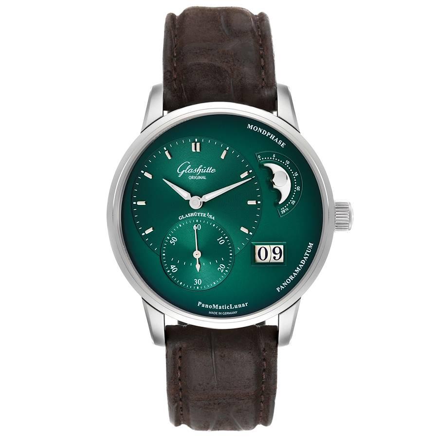 Glashutte PanoMaticLunar Steel Automatic Mens Watch 1-90-02-13-32-62 Box Papers. Automatic self-winding movement. Stainless steel case 40.0 mm in diameter. Transparent sapphire crystal case back. Stainless steel bezel. Scratch resistant sapphire