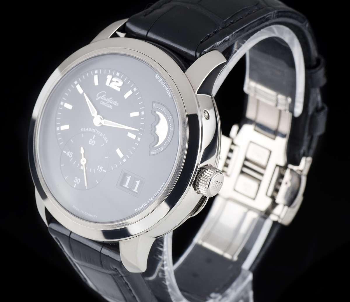 An 18k White Gold PanoMaticLunar XL Gents Wristwatch, black dial with applied index batons and arabic number 12, moonphase aperture and moon age indicator between 2 & 3 0'clock, date aperture at 4 0'clock, small seconds at 6 0'clock, an 18k white