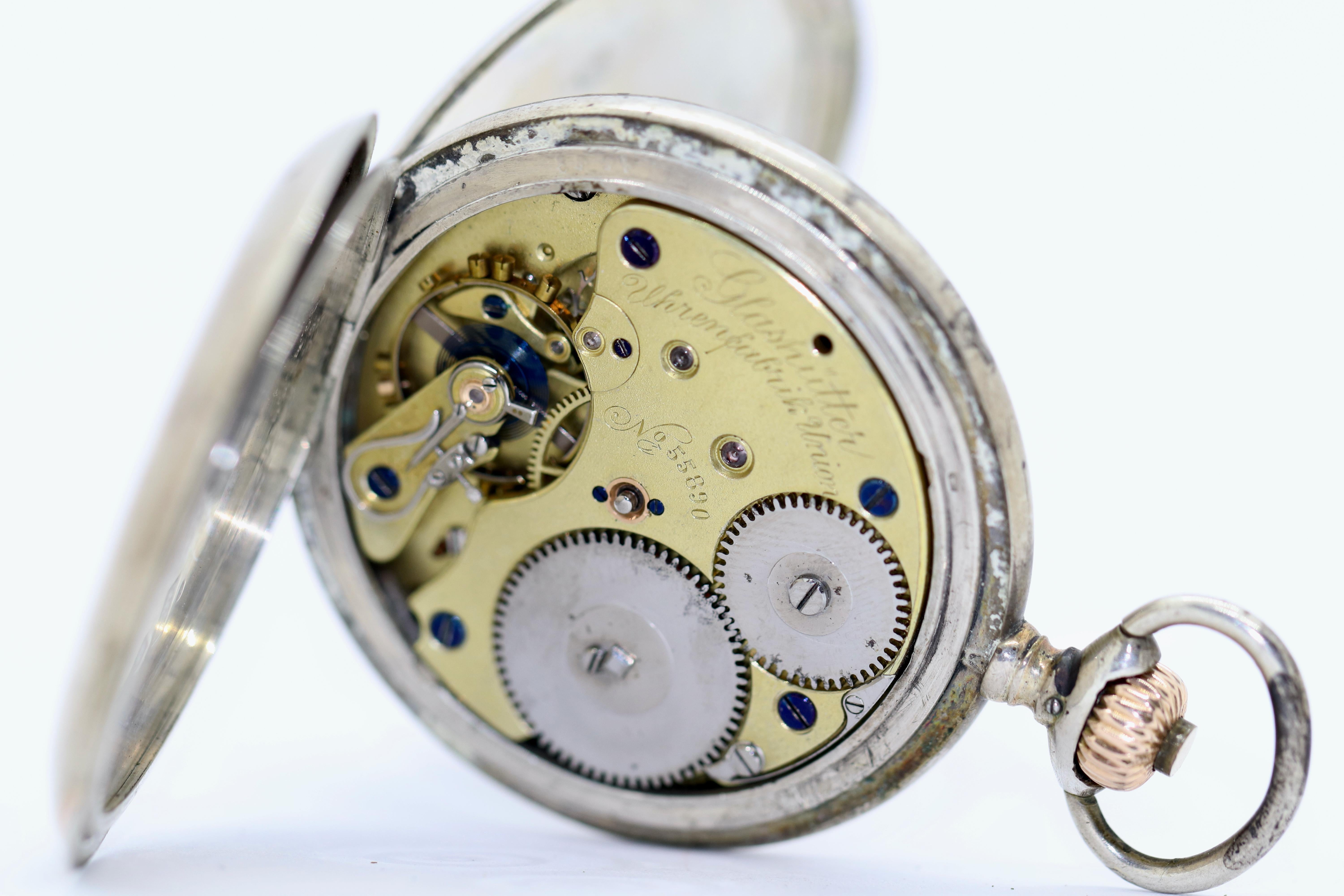Taschenuhr aus Silber von Dürrstein & Co., Uhrenfabrik Union, Etui im Angebot 3