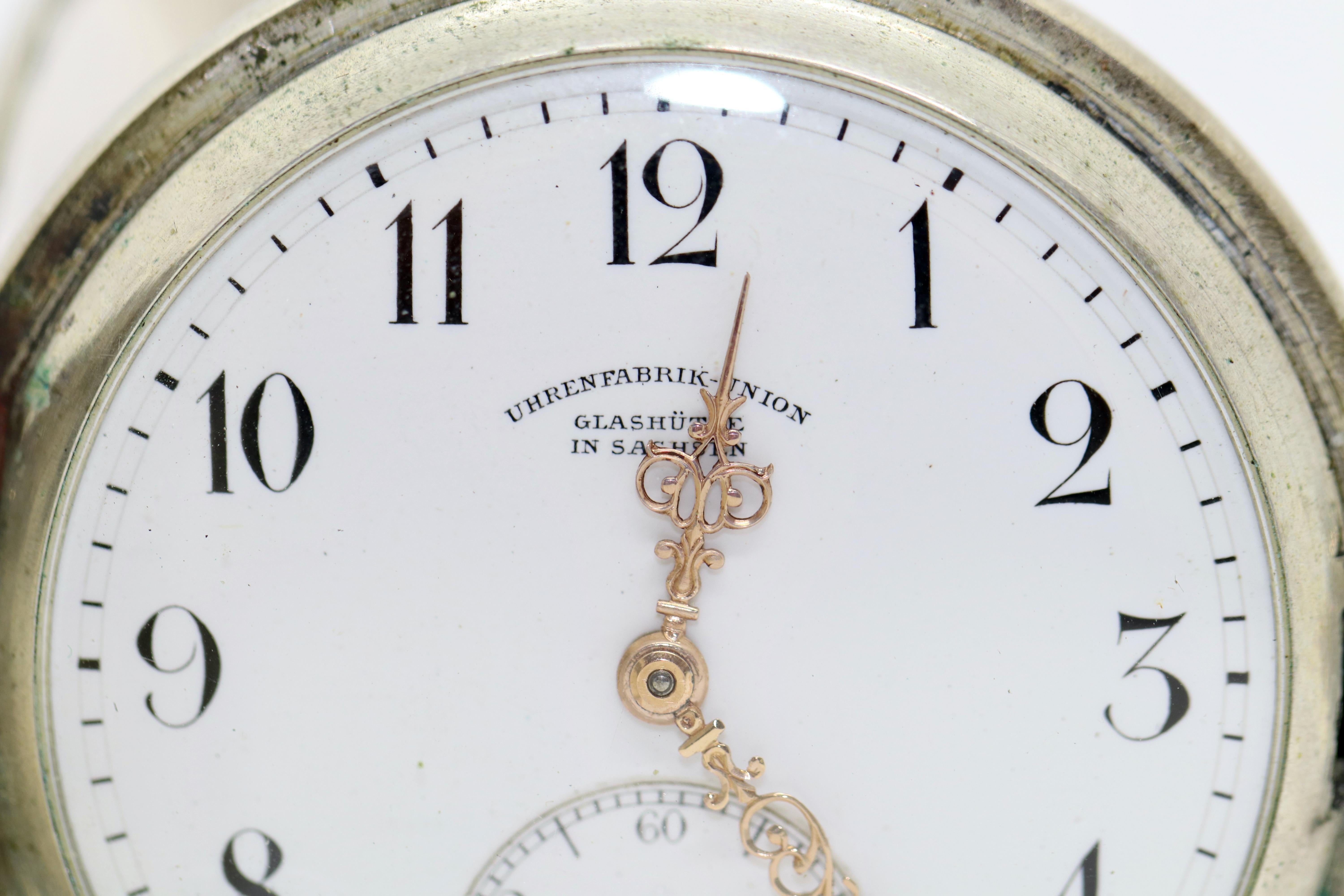 Taschenuhr aus Silber von Dürrstein & Co., Uhrenfabrik Union, Etui im Zustand „Relativ gut“ im Angebot in Berlin, DE