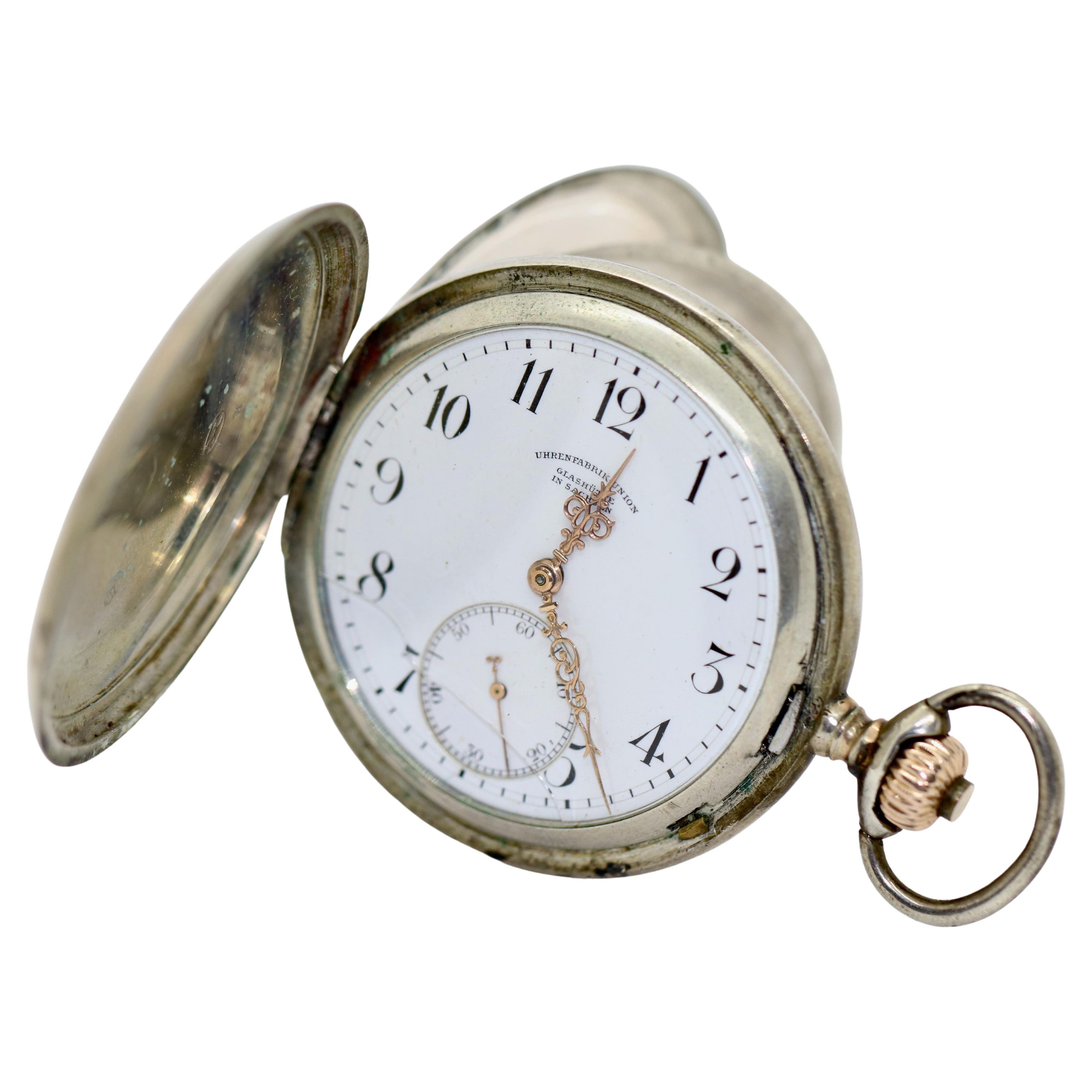 Taschenuhr aus Silber von Dürrstein & Co., Uhrenfabrik Union, Etui im Angebot