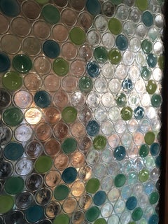 Two Panel Walnut Frame Screen with Circles Pattern Molded Glass Painted Dots