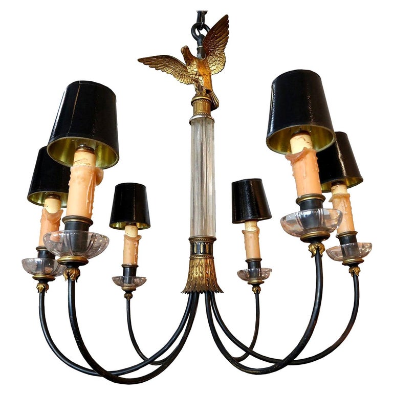 Glass and Black Metal Imperial Chandelier with Bronze Eagle Finial, 1930s For Sale