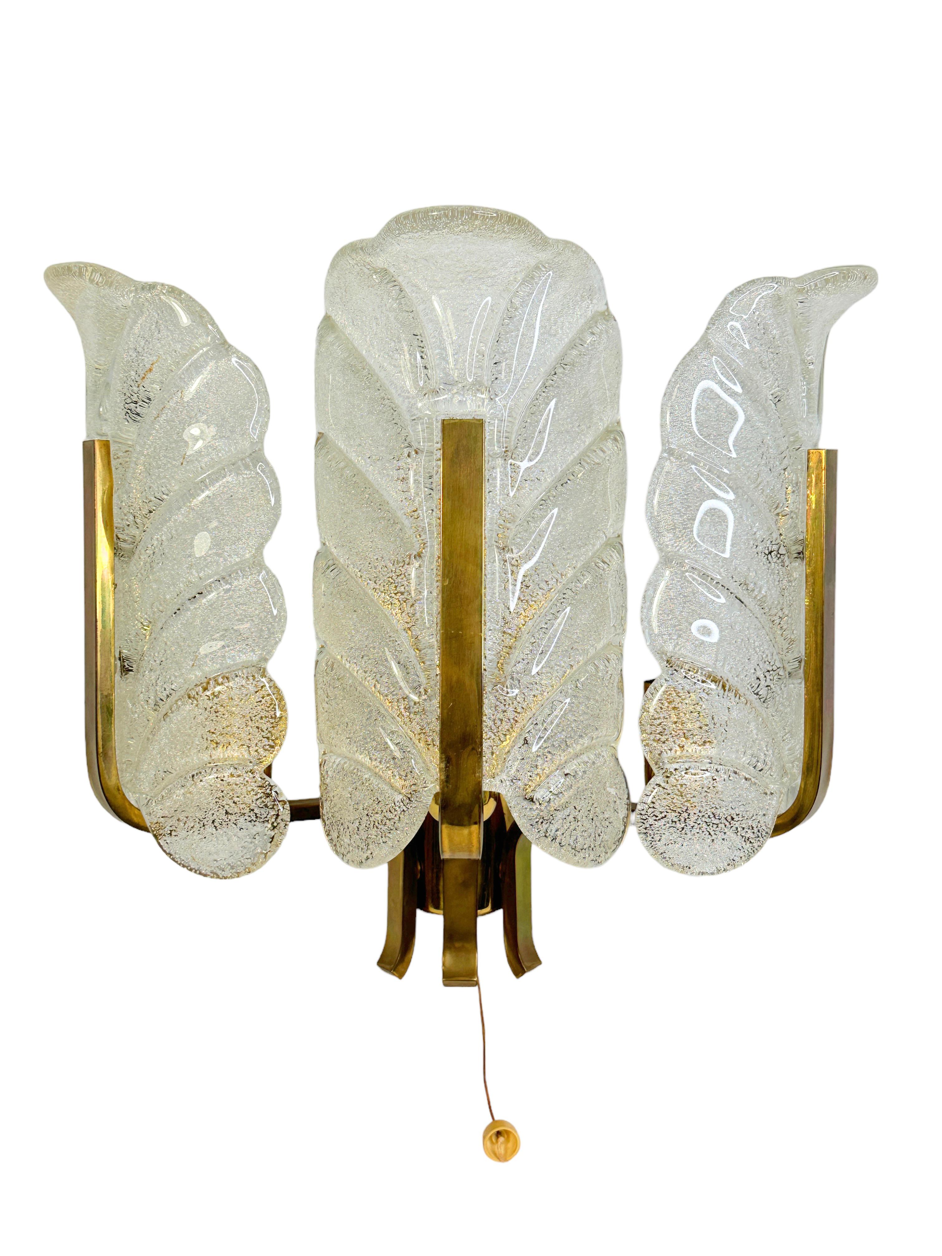 Mid-Century Modern Glass and Brass 2 Light Sconce by Carl Fagerlund for Orrefors, Sweden 1960s For Sale