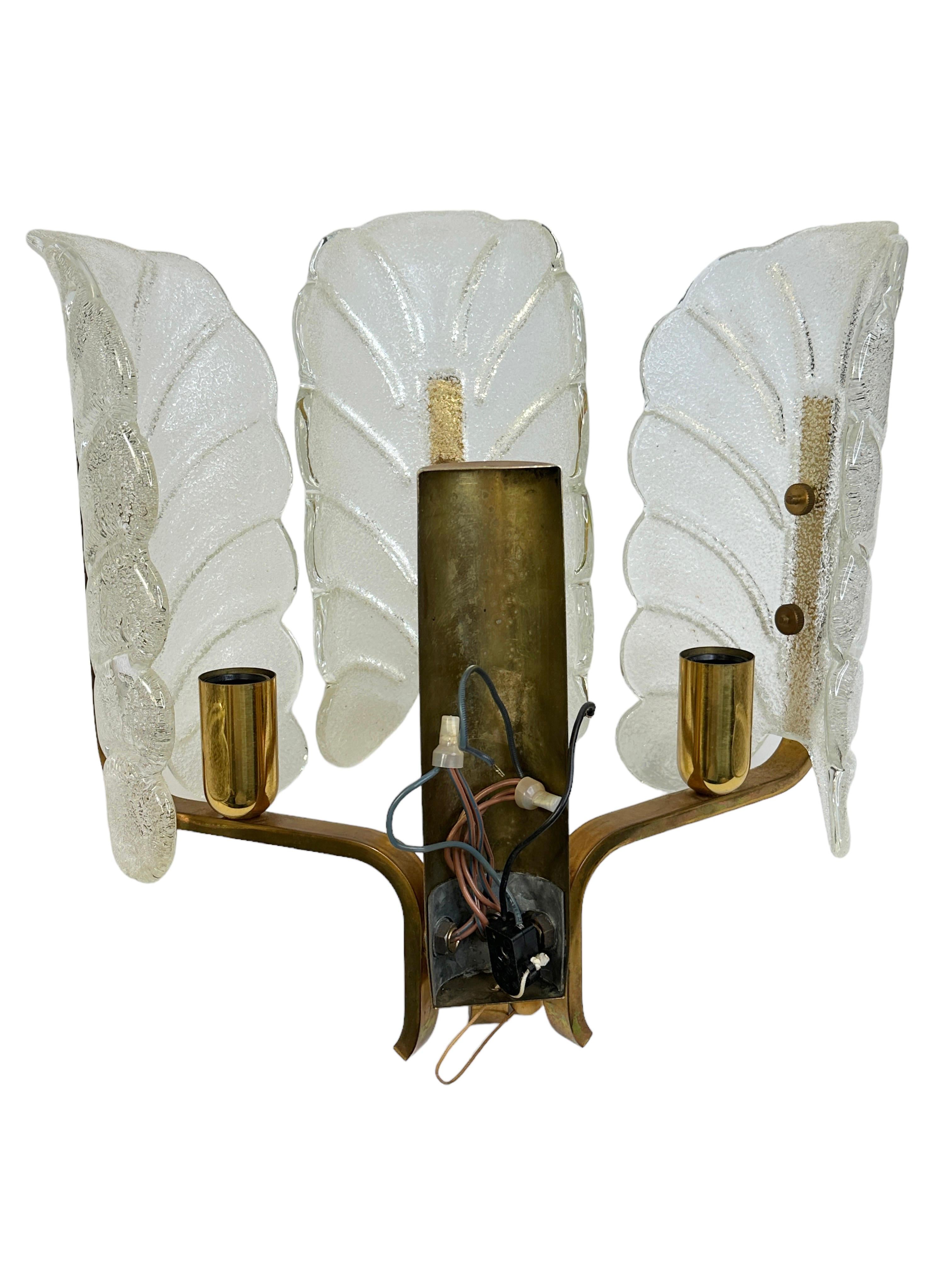 Swedish Glass and Brass 2 Light Sconce by Carl Fagerlund for Orrefors, Sweden 1960s For Sale