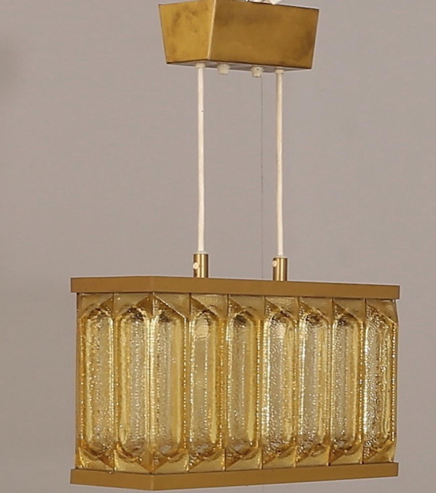 Scandinavian Modern Glass and Brass Ceiling Lamp Attributed to Orrefors For Sale