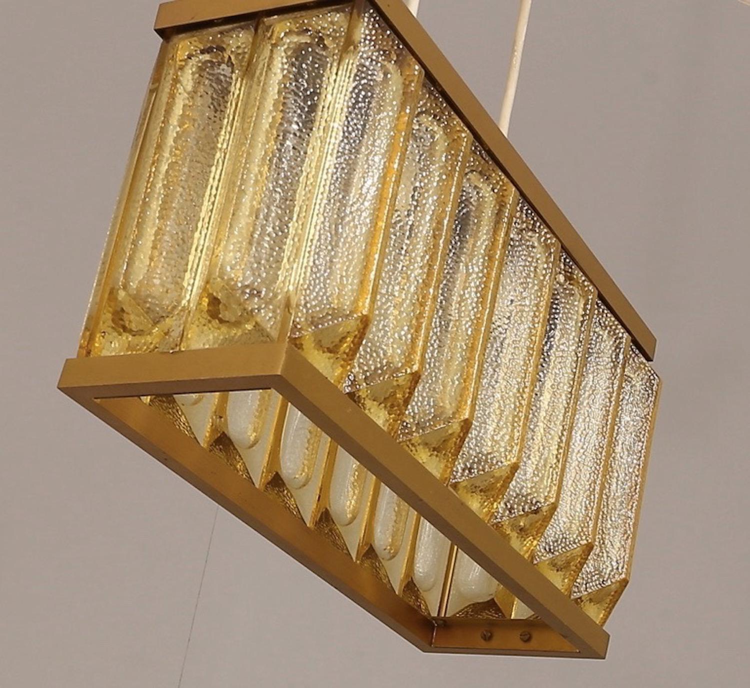 Swedish Glass and Brass Ceiling Lamp Attributed to Orrefors For Sale