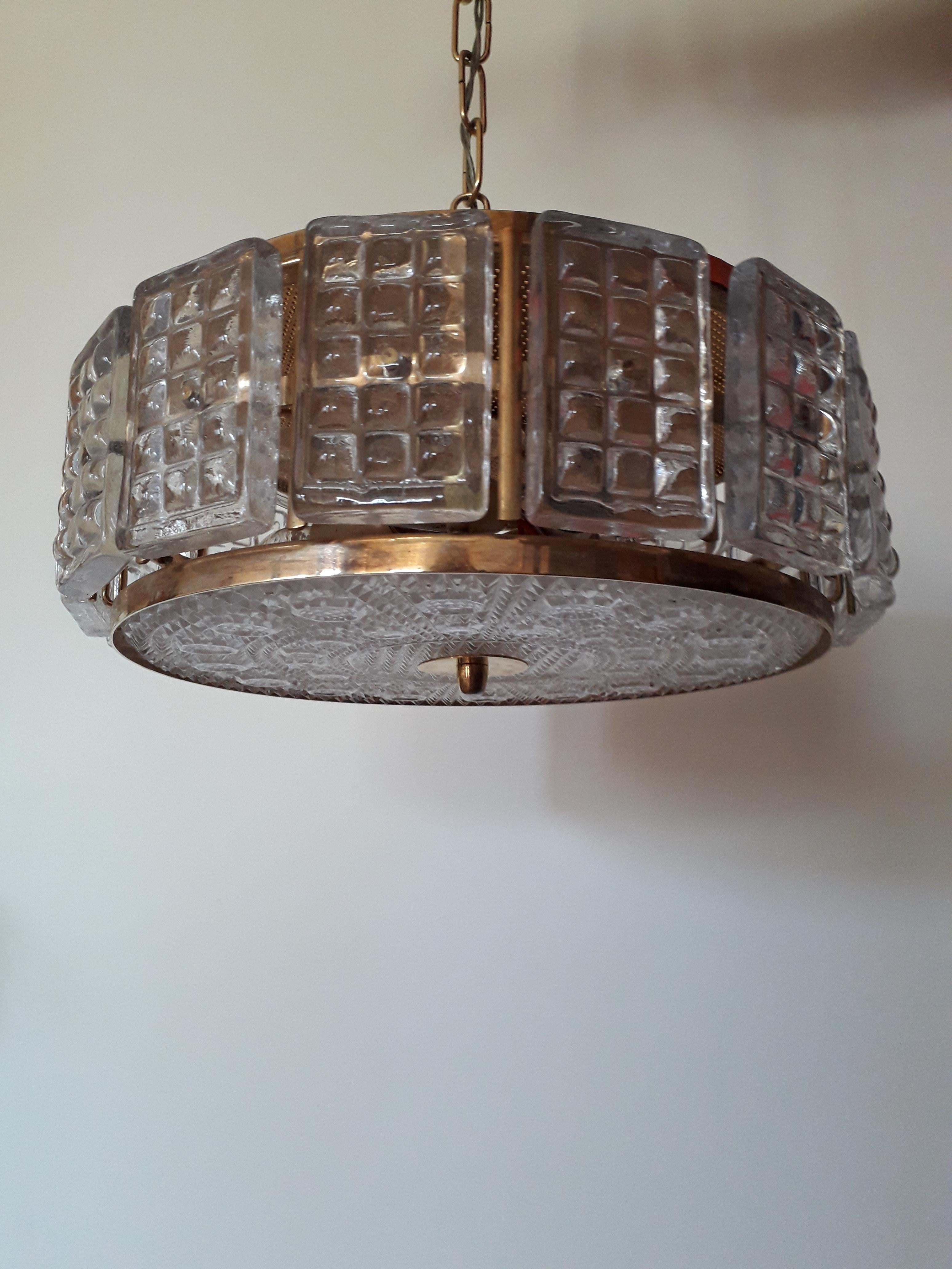 Mid-Century Modern Glass and Brass Chandelier By Carl Fangerlund For Orrefors 1970s For Sale