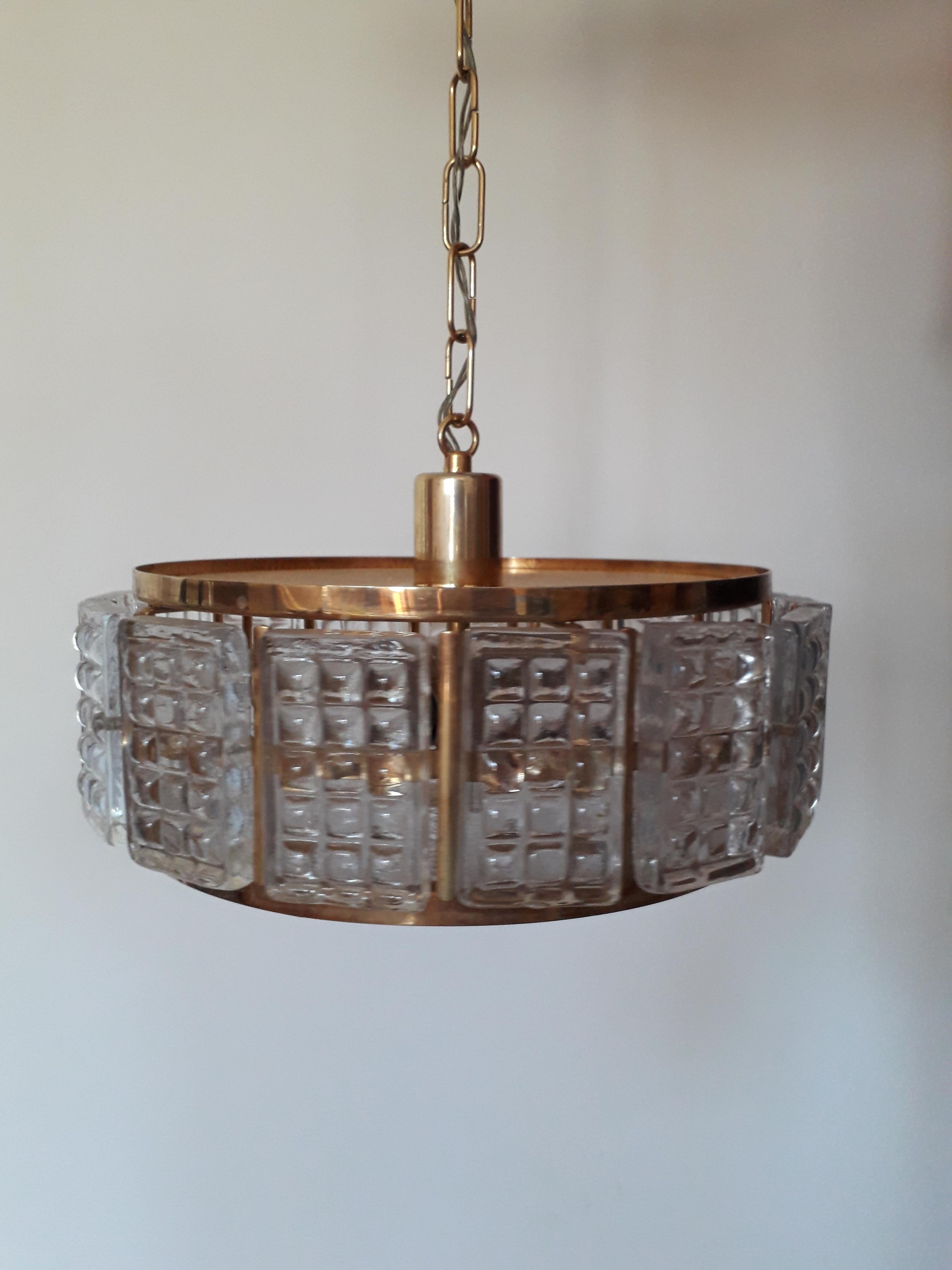 Swedish Glass and Brass Chandelier By Carl Fangerlund For Orrefors 1970s For Sale