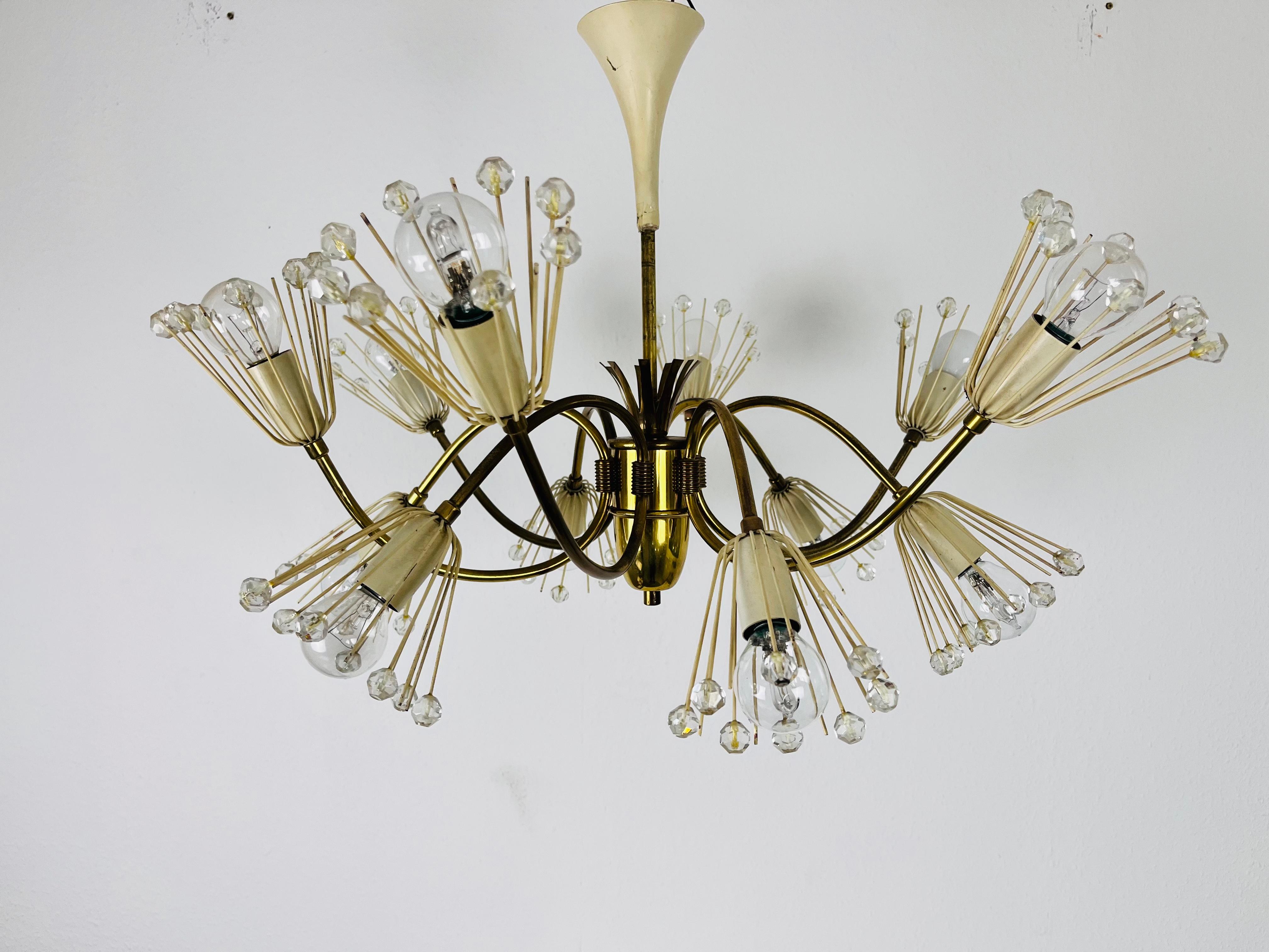 Mid-Century Modern Glass and Brass Chandelier by Emil Stejnar for Rupert Nikoll, 1960s For Sale