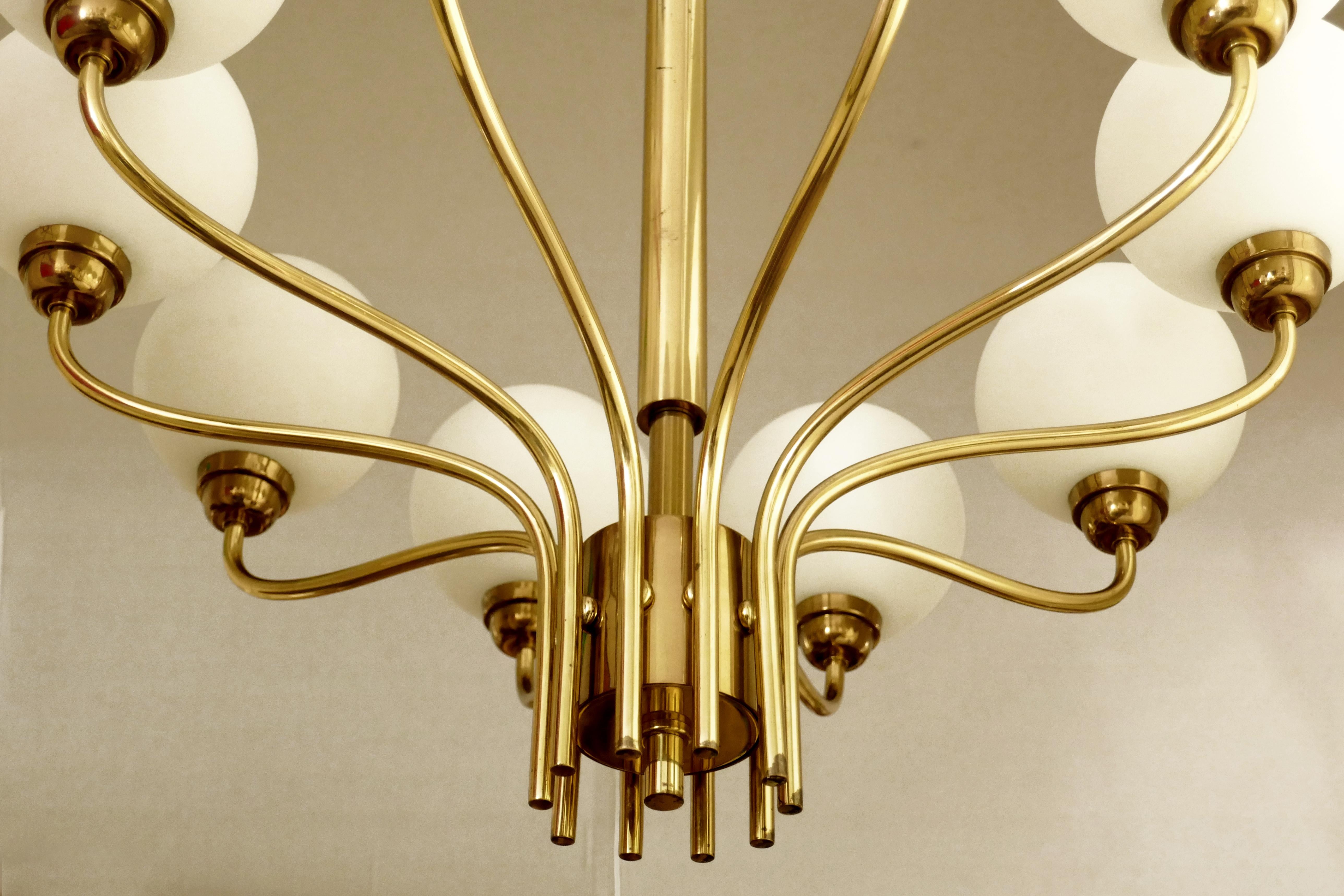 Glass and Brass Chandelier Ceiling Light Pendant, 1960s For Sale 1