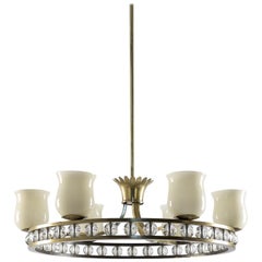 Glass and Brass Chandelier in the Manner of Fontana Arte