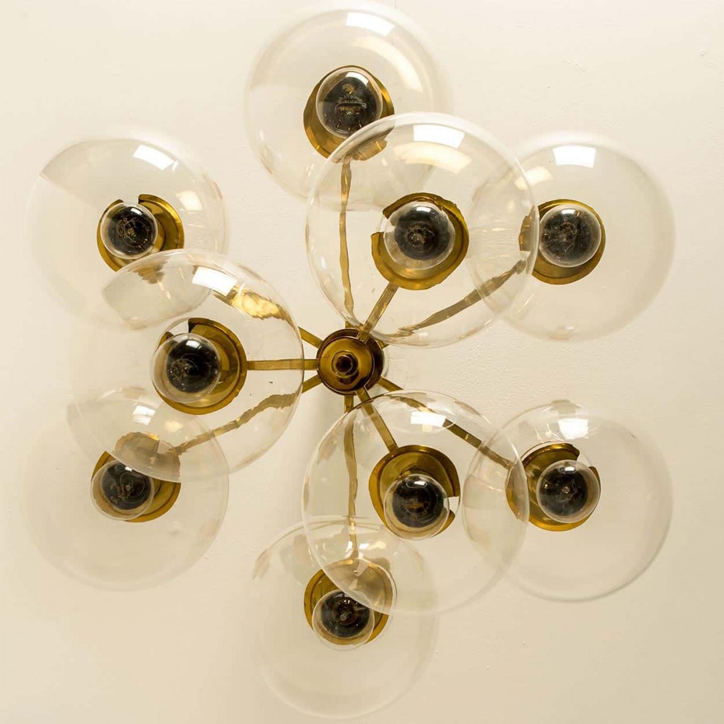 Mid-Century Modern Glass and Brass Chandelier in the Style of Jakobsson, 1970s For Sale