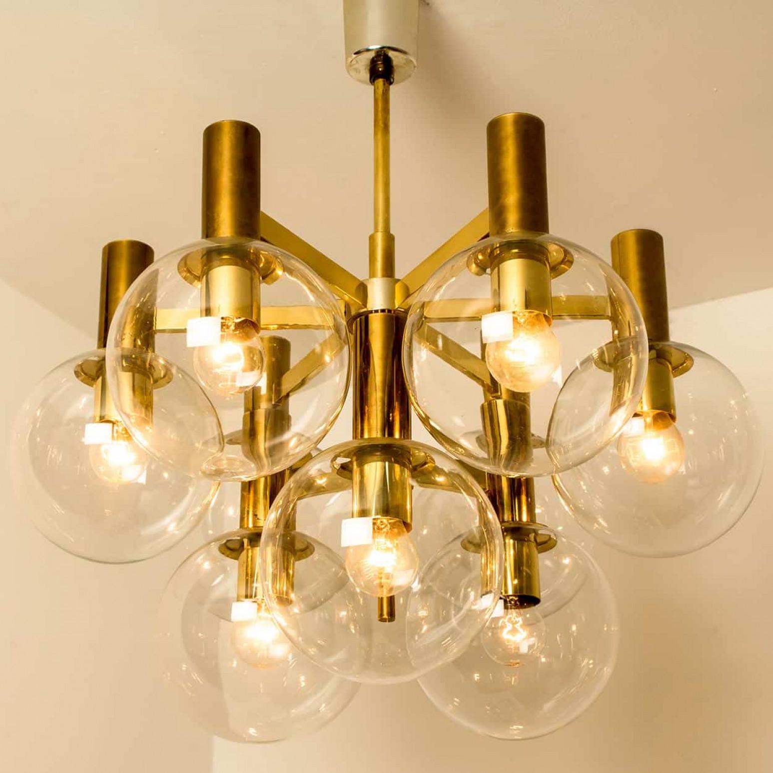 German Glass and Brass Chandelier in the Style of Jakobsson, 1970s For Sale