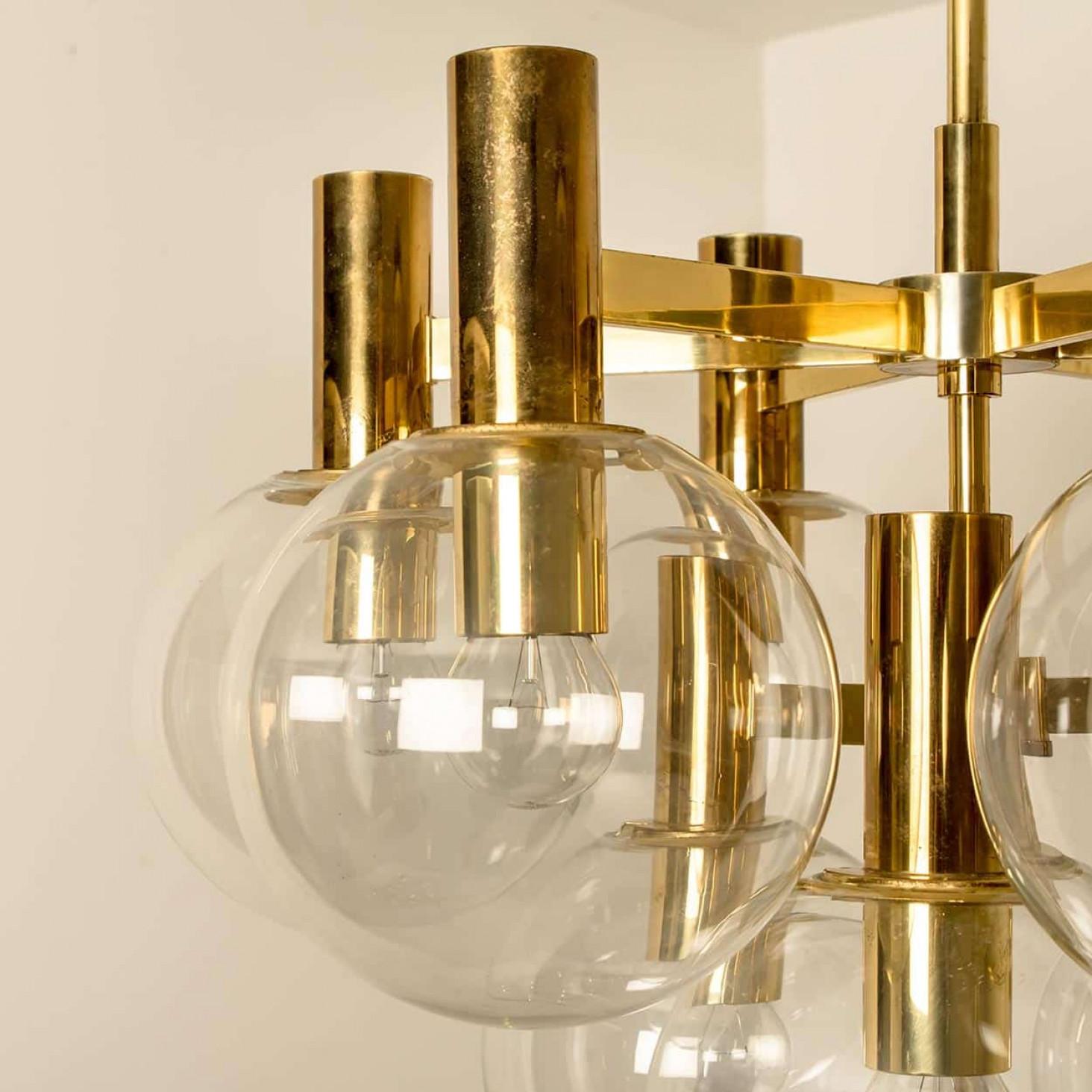 Glass and Brass Chandelier in the Style of Jakobsson, 1970s For Sale 1