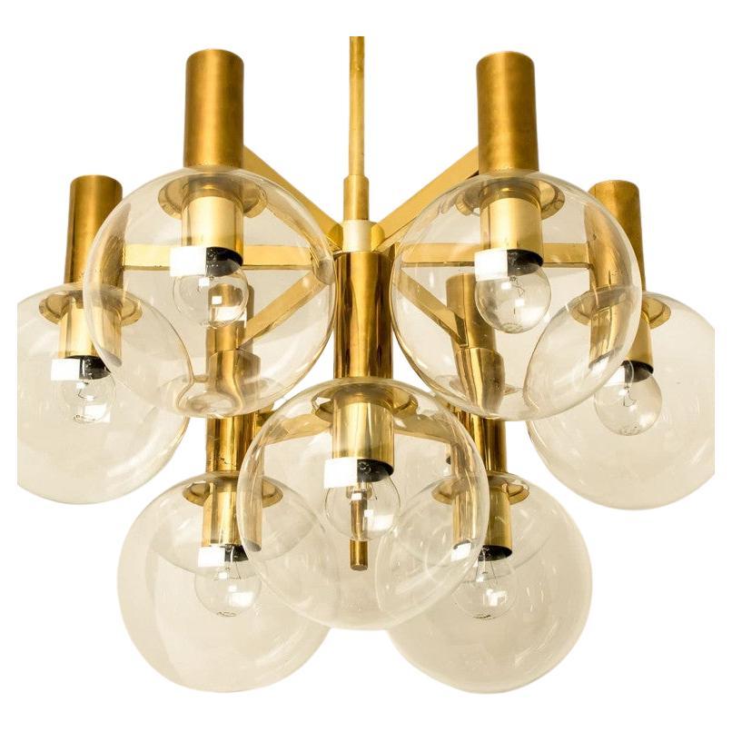 Glass and Brass Chandelier in the Style of Jakobsson, 1970s For Sale