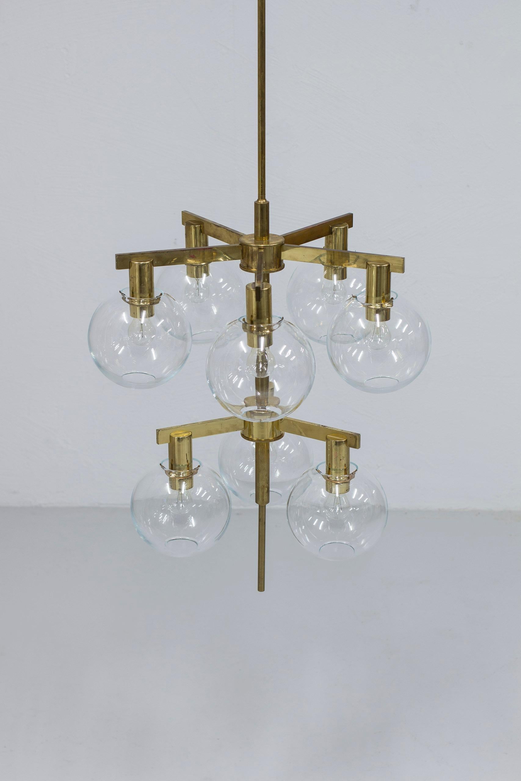 Scandinavian Modern Glass and brass chandelier 