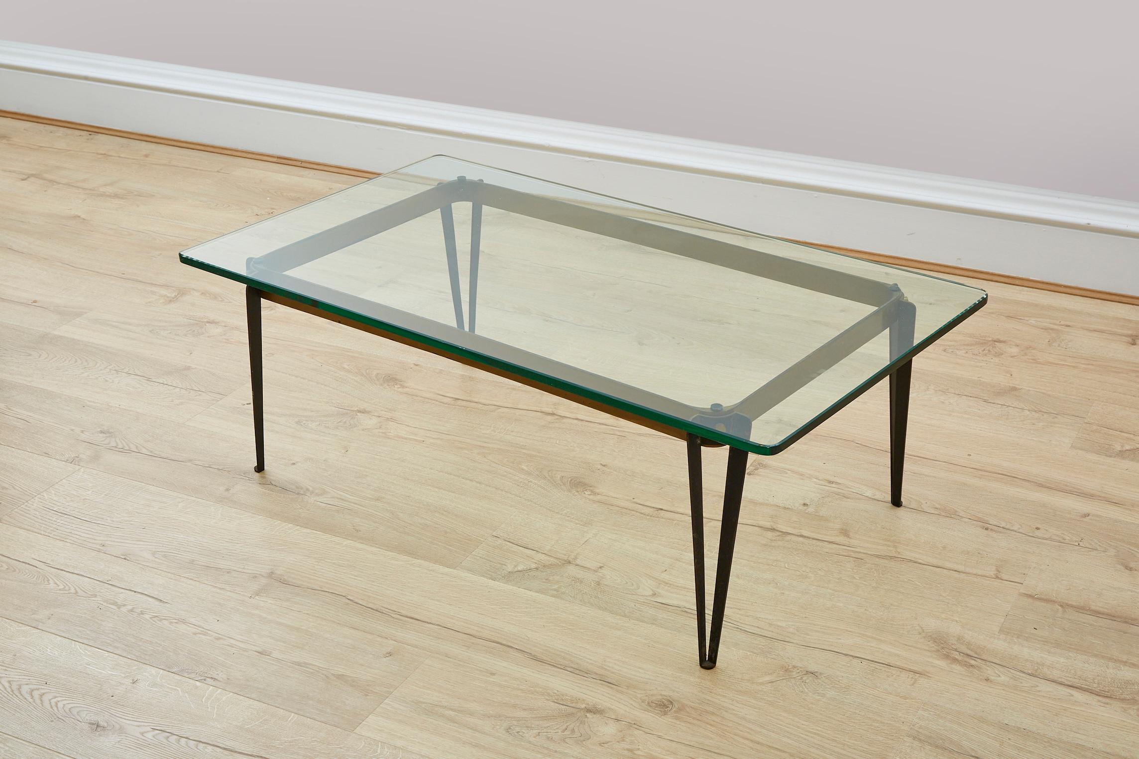 Mid-Century Modern Glass and Brass Coffee Table, Original Glass by Fortana Arte, 1950s For Sale