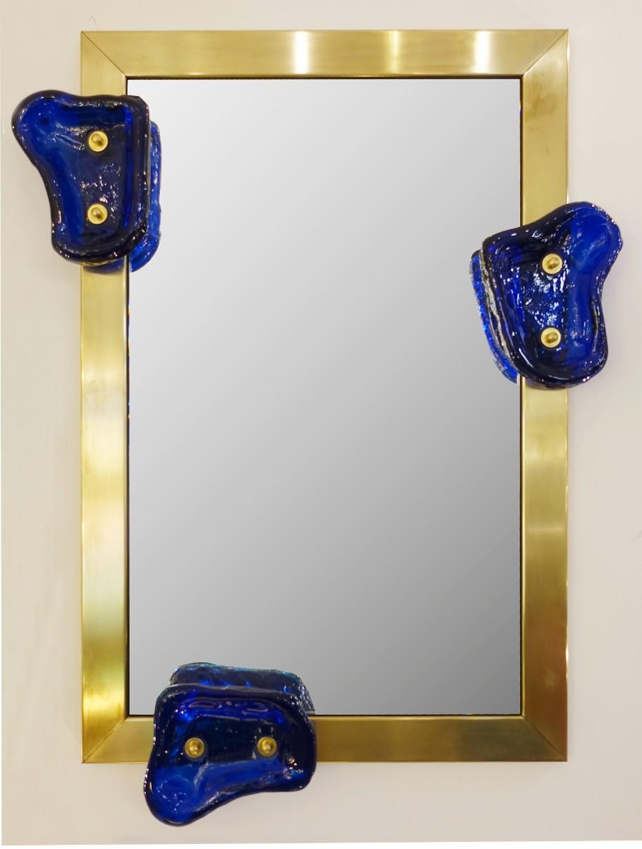 Glass and Brass Contemporary Mirror, Belgian Creation by Jacques Nonnon For Sale 1