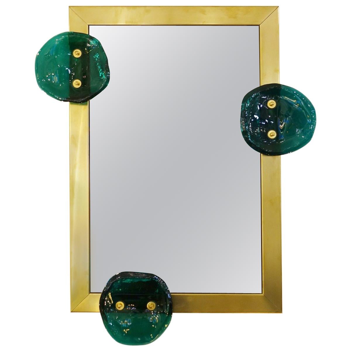 Glass and Brass Contemporary Mirror, Belgian Creation by Jacques Nonnon