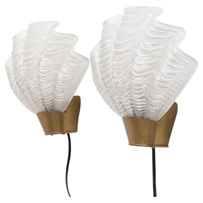 Glass and Brass 'Coquille' Wall Lights from ASEA / 1940s For Sale