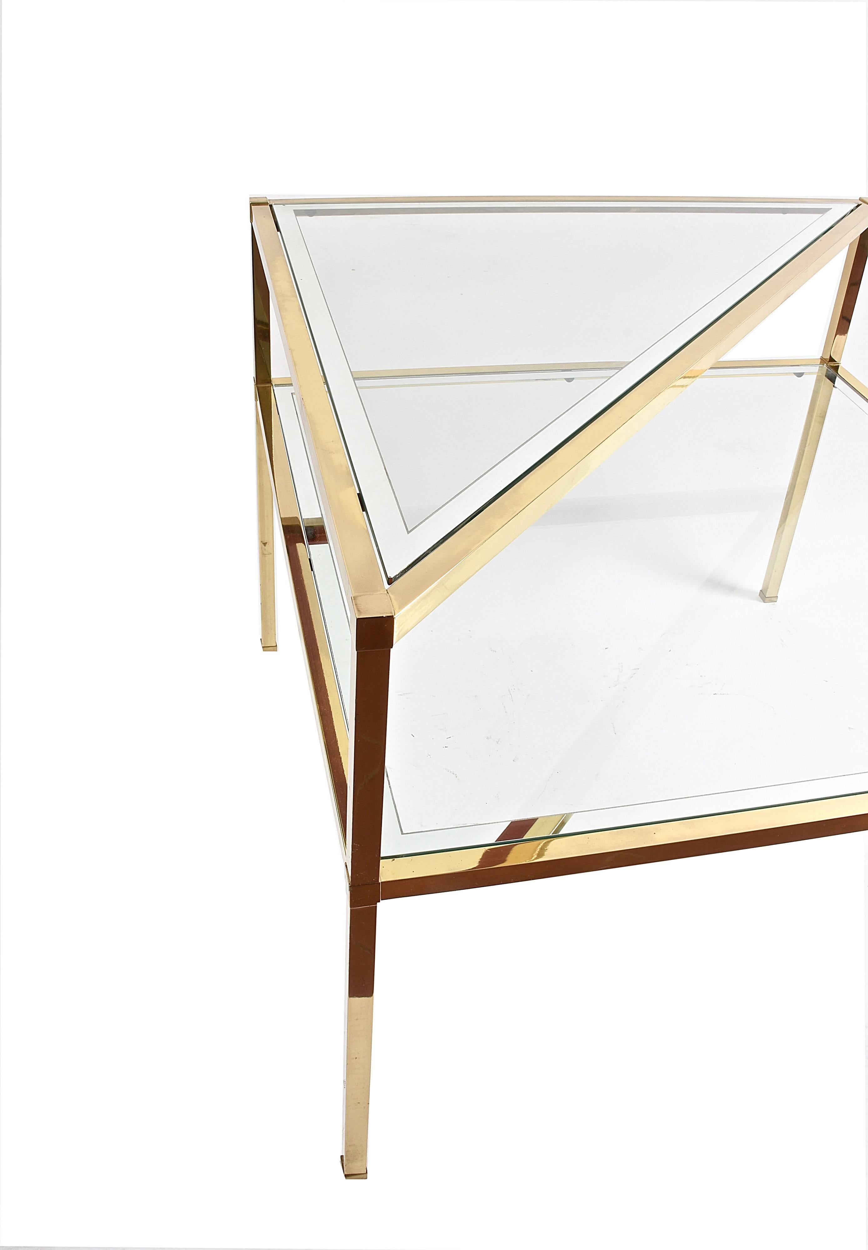 Glass and Brass Double Shelf Italian Coffee Tables with Mirrored Edge, 1970s 5