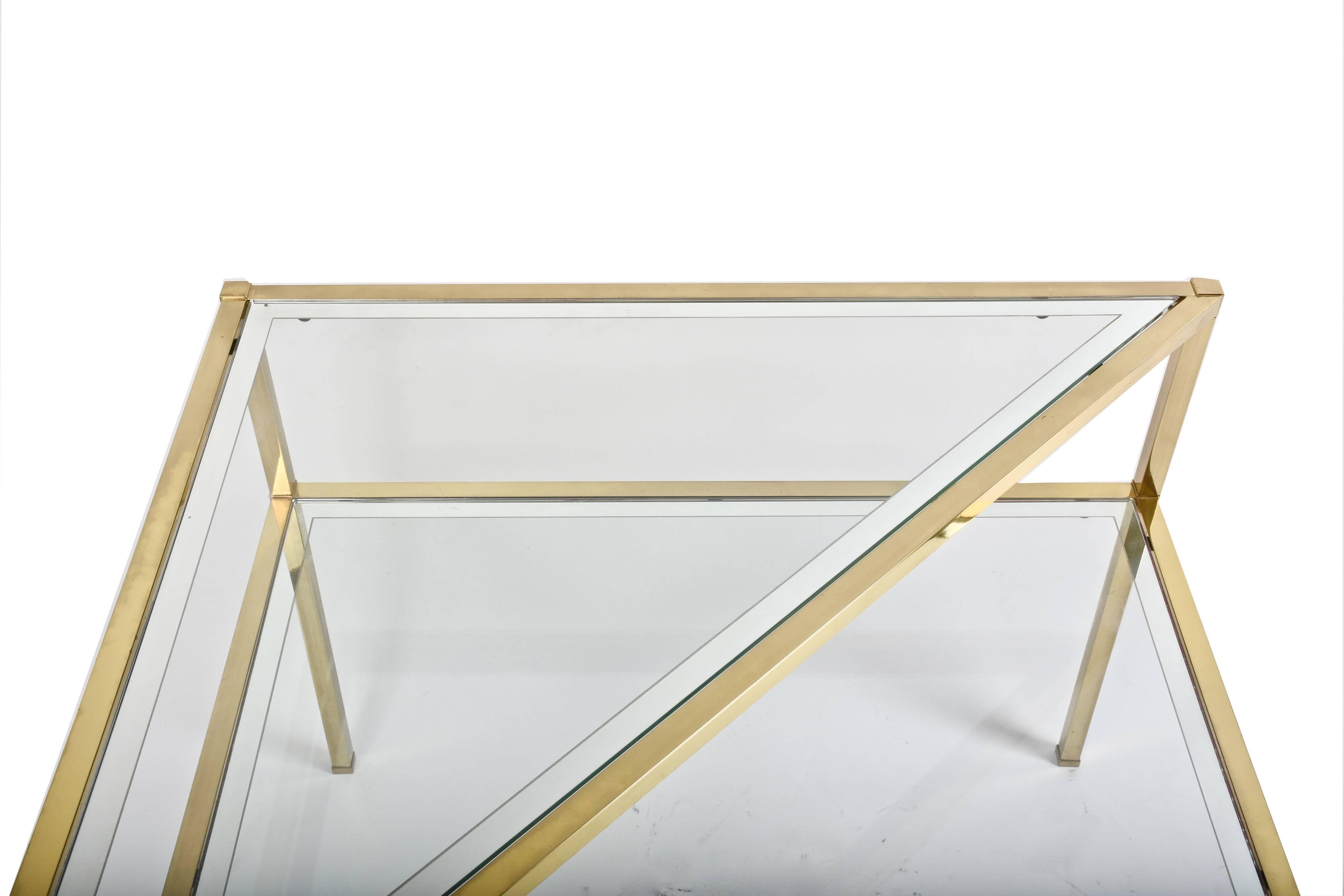 Glass and Brass Double Shelf Italian Coffee Tables with Mirrored Edge, 1970s 6