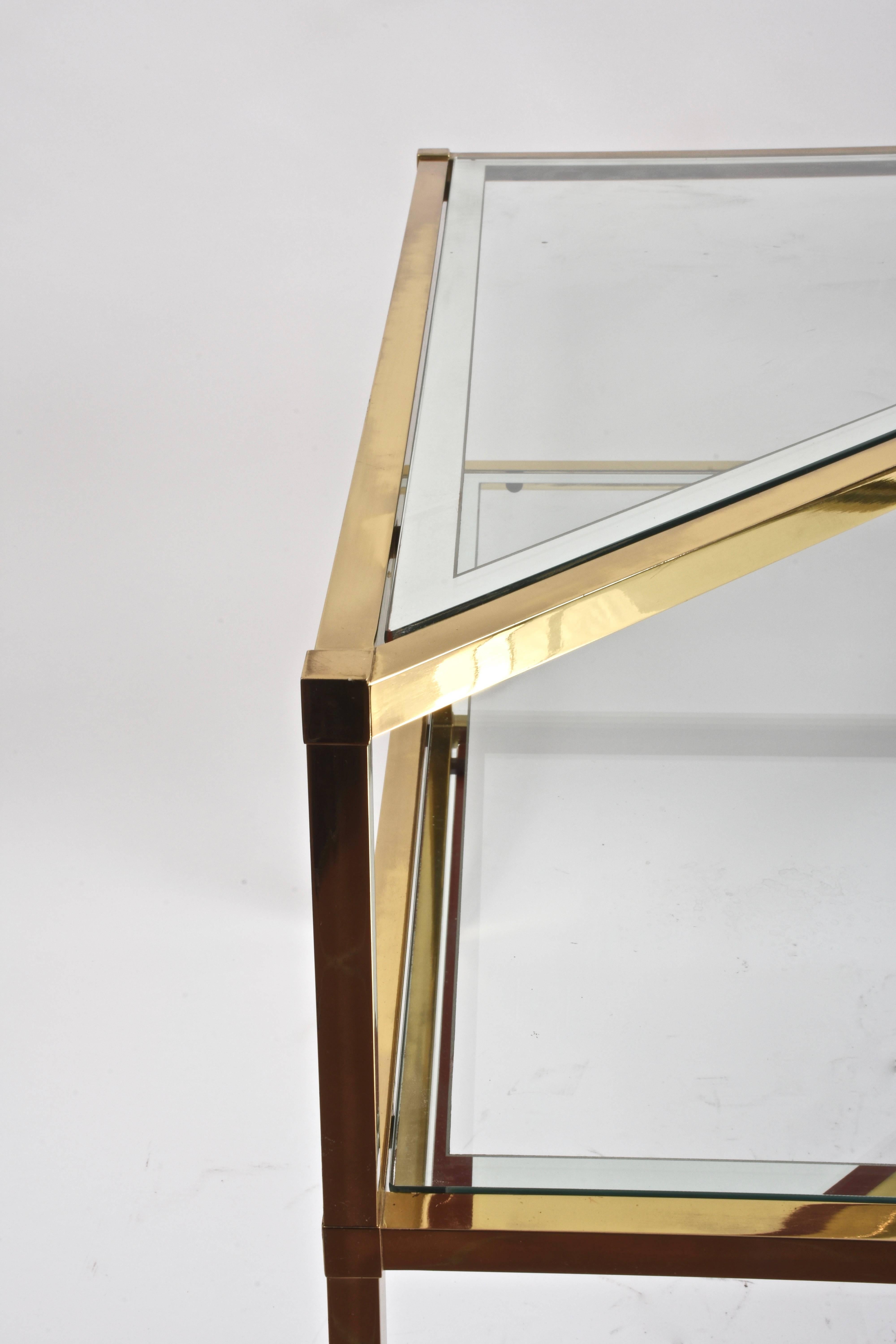 Glass and Brass Double Shelf Italian Coffee Tables with Mirrored Edge, 1970s 7