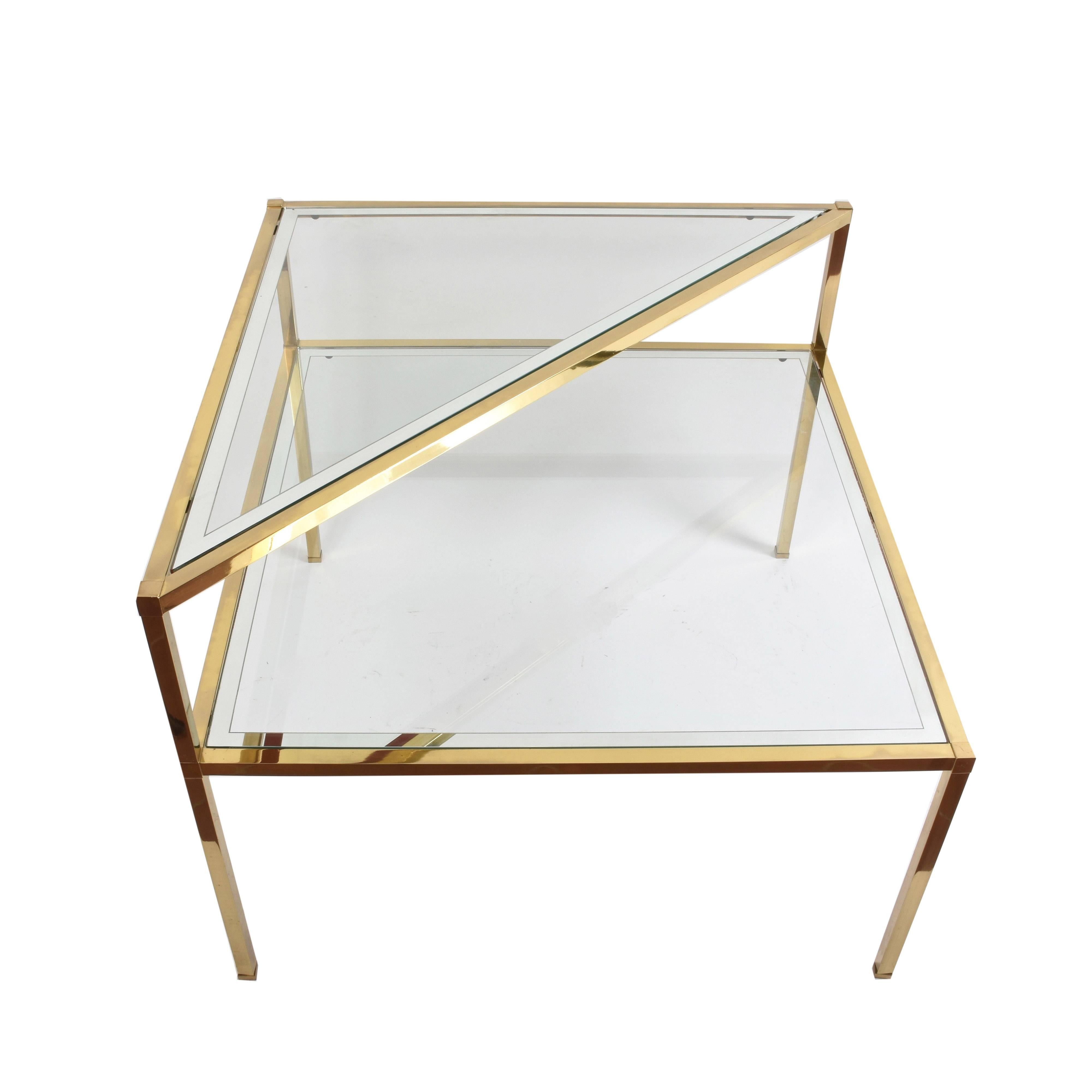 Mid-Century Modern Glass and Brass Double Shelf Italian Coffee Tables with Mirrored Edge, 1970s