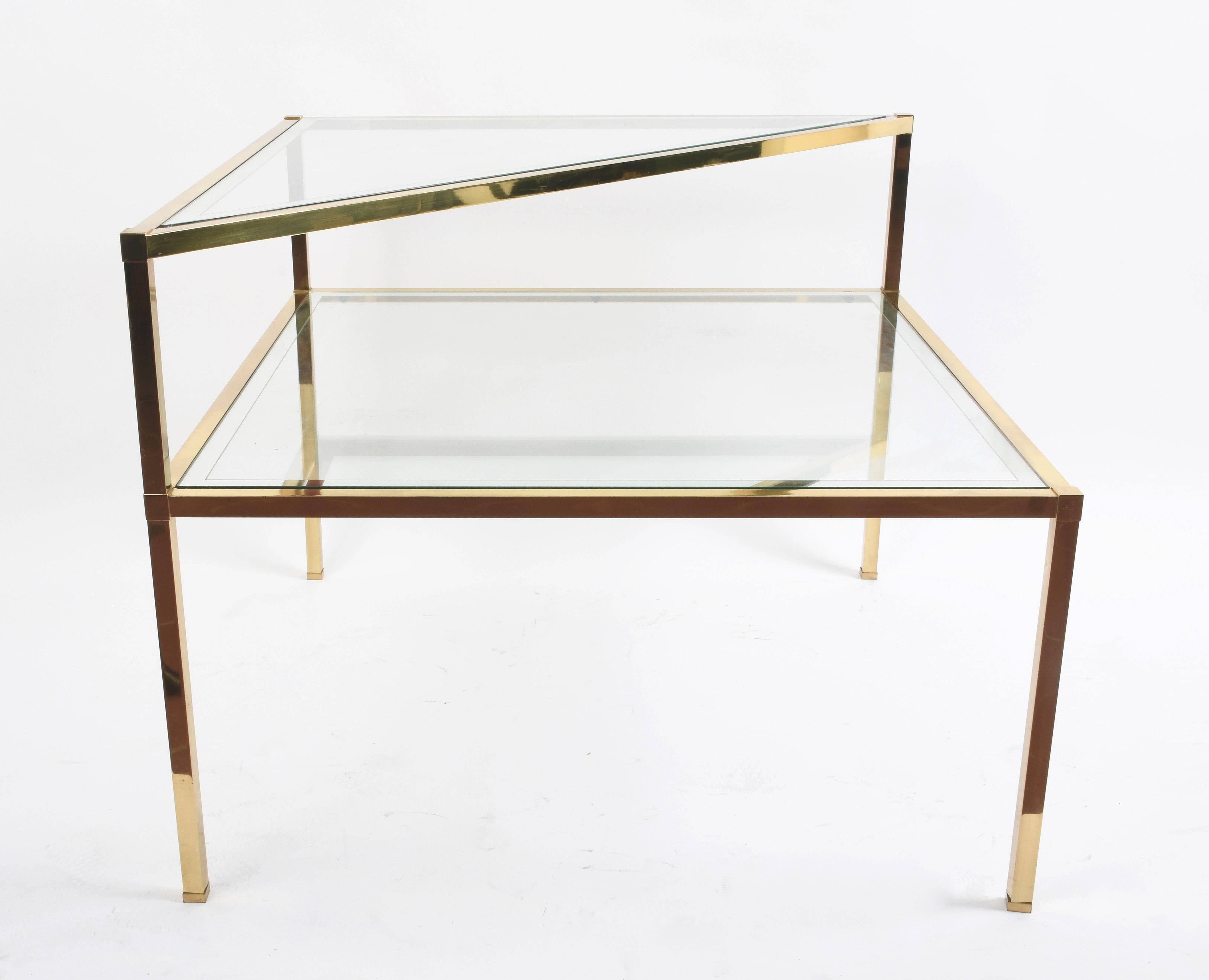 Glass and Brass Double Shelf Italian Coffee Tables with Mirrored Edge, 1970s In Fair Condition In Roma, IT