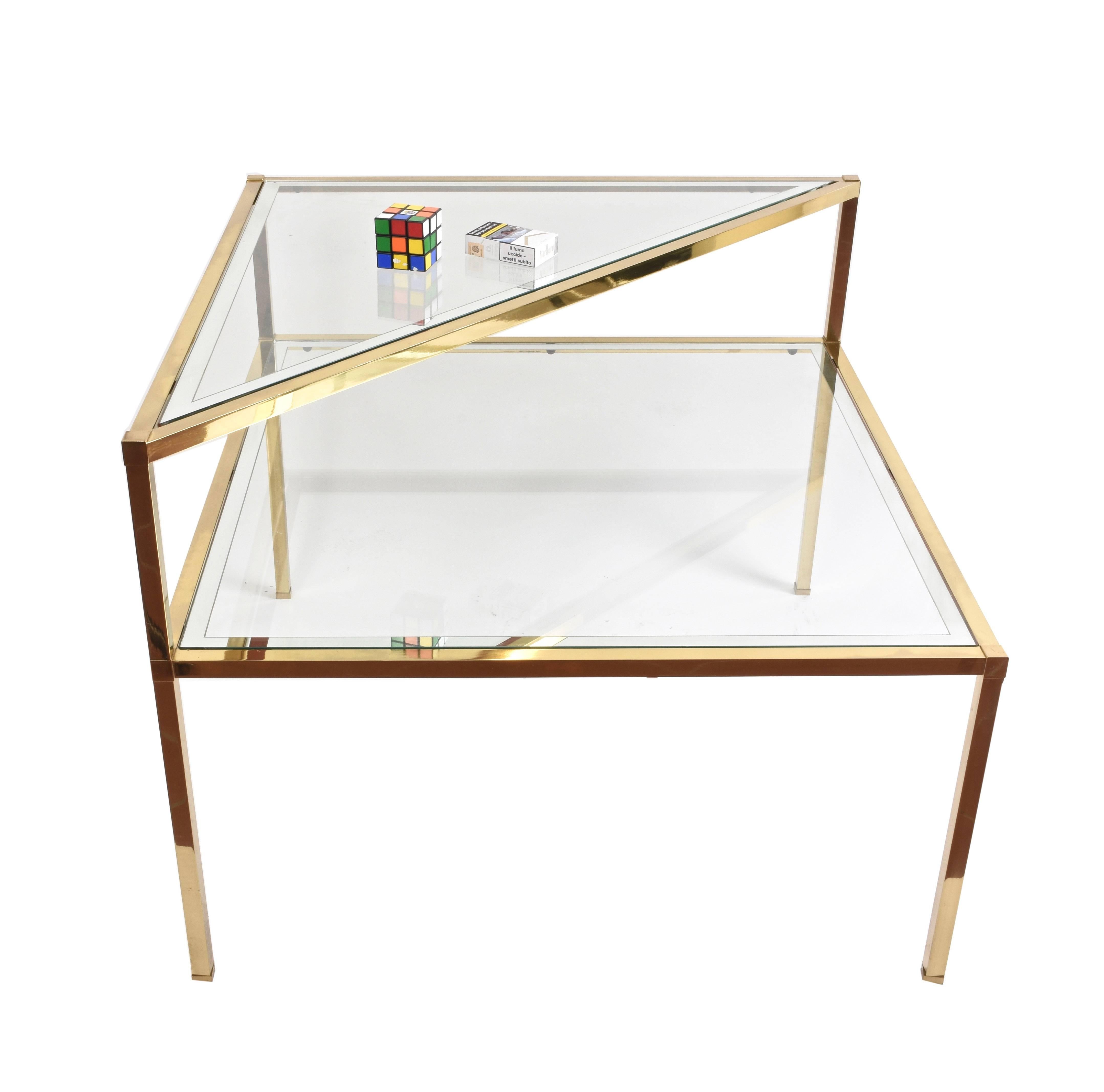 Late 20th Century Glass and Brass Double Shelf Italian Coffee Tables with Mirrored Edge, 1970s