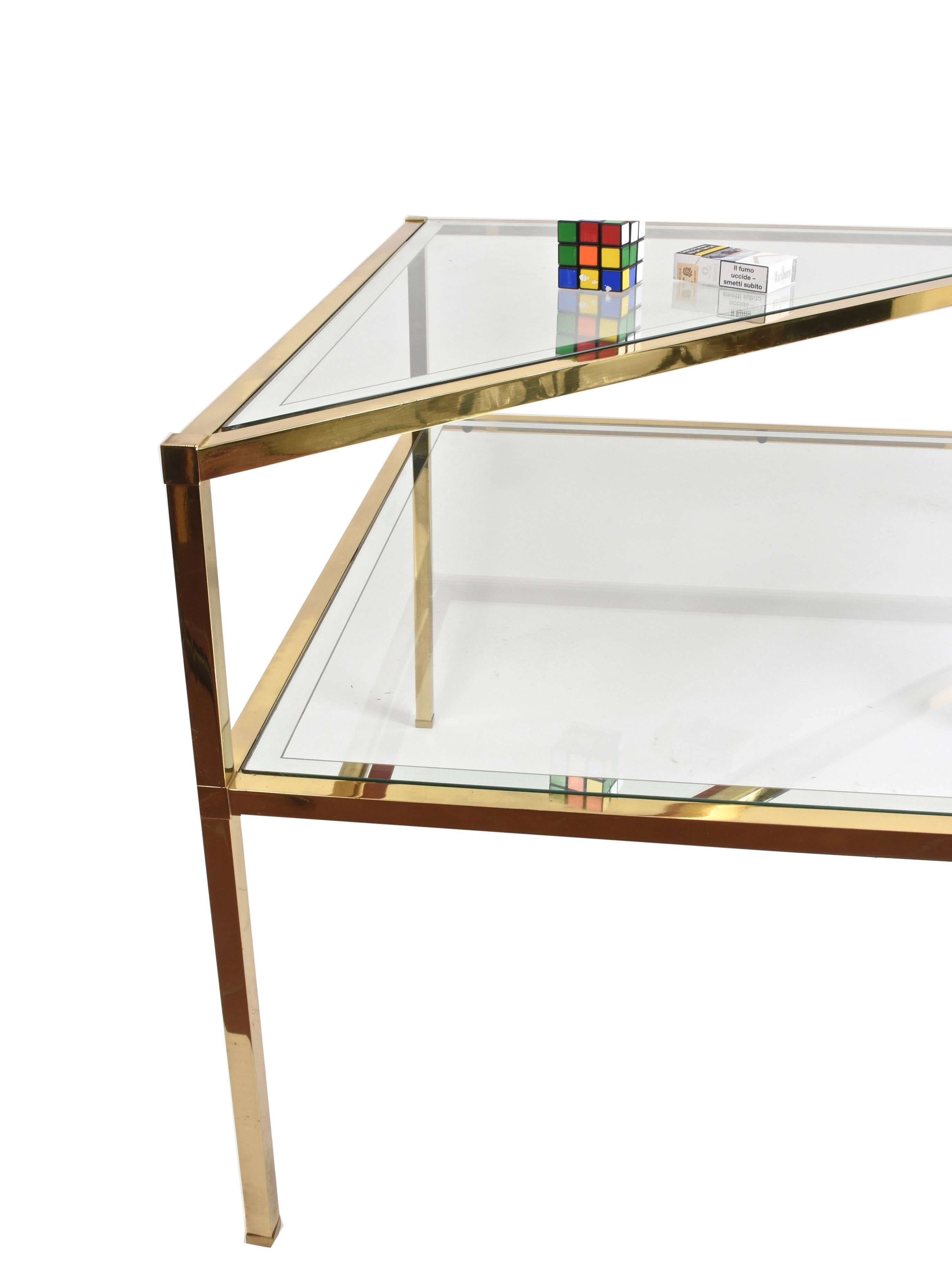 Glass and Brass Double Shelf Italian Coffee Tables with Mirrored Edge, 1970s 1
