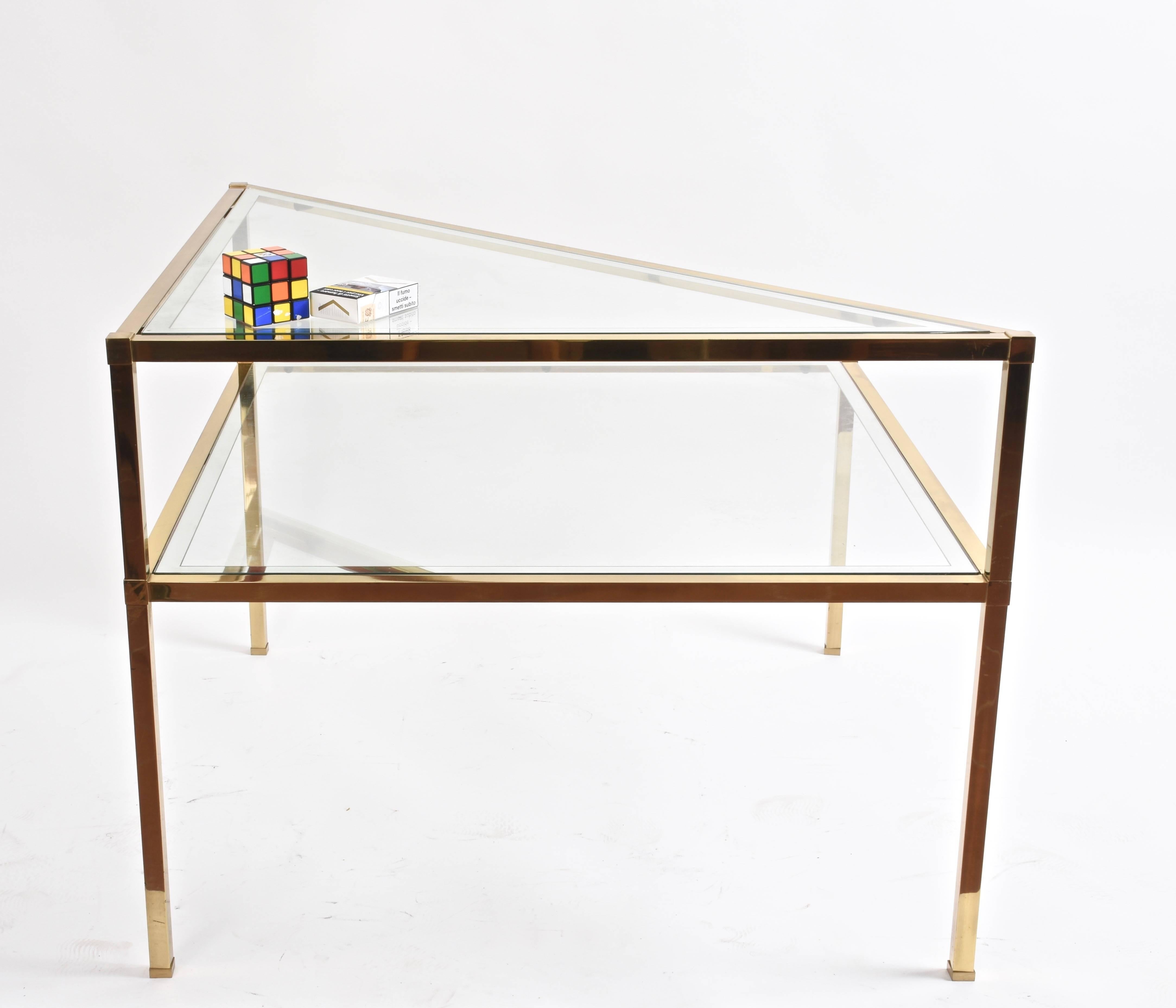 Glass and Brass Double Shelf Italian Coffee Tables with Mirrored Edge, 1970s 2