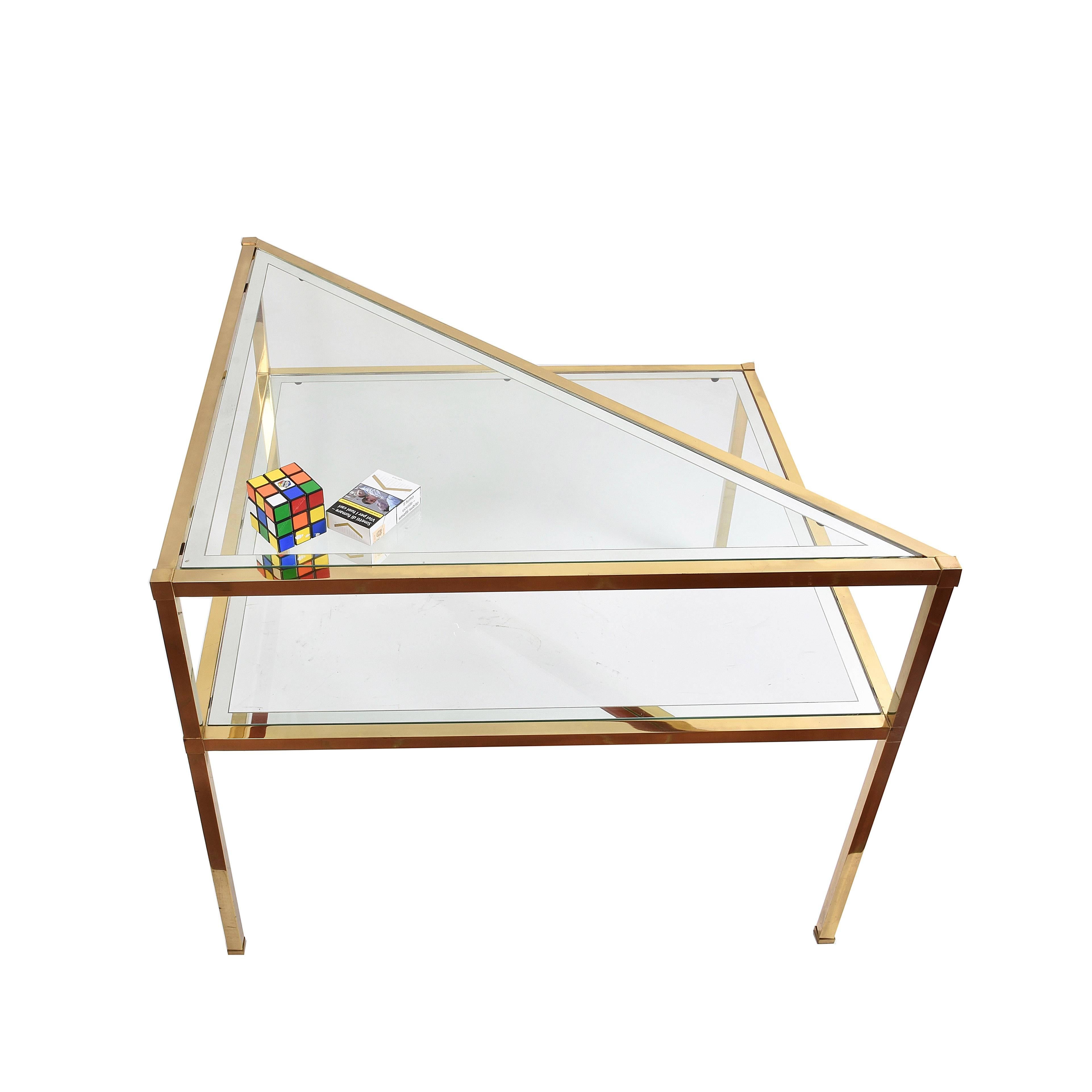 Glass and Brass Double Shelf Italian Coffee Tables with Mirrored Edge, 1970s 3