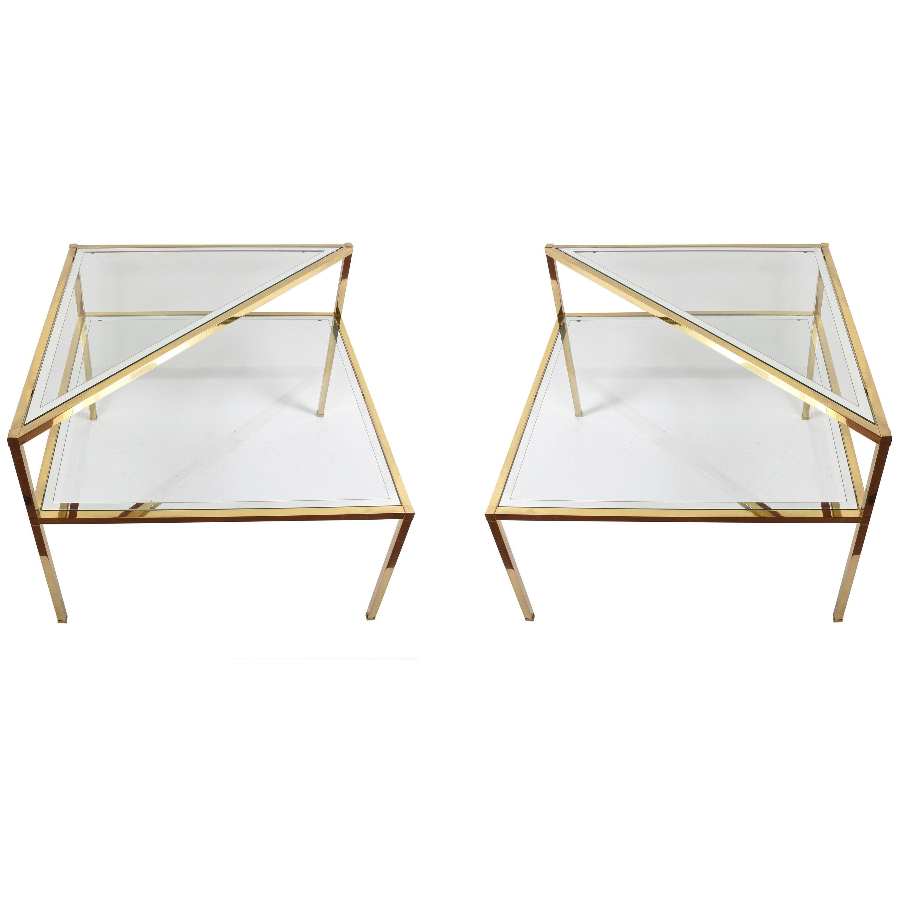 Glass and Brass Double Shelf Italian Coffee Tables with Mirrored Edge, 1970s