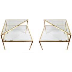 Glass and Brass Double Shelf Italian Coffee Tables with Mirrored Edge, 1970s