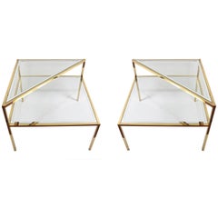 Glass and Brass Double Shelf Italian Coffee Tables with Mirrored Edge, 1970s