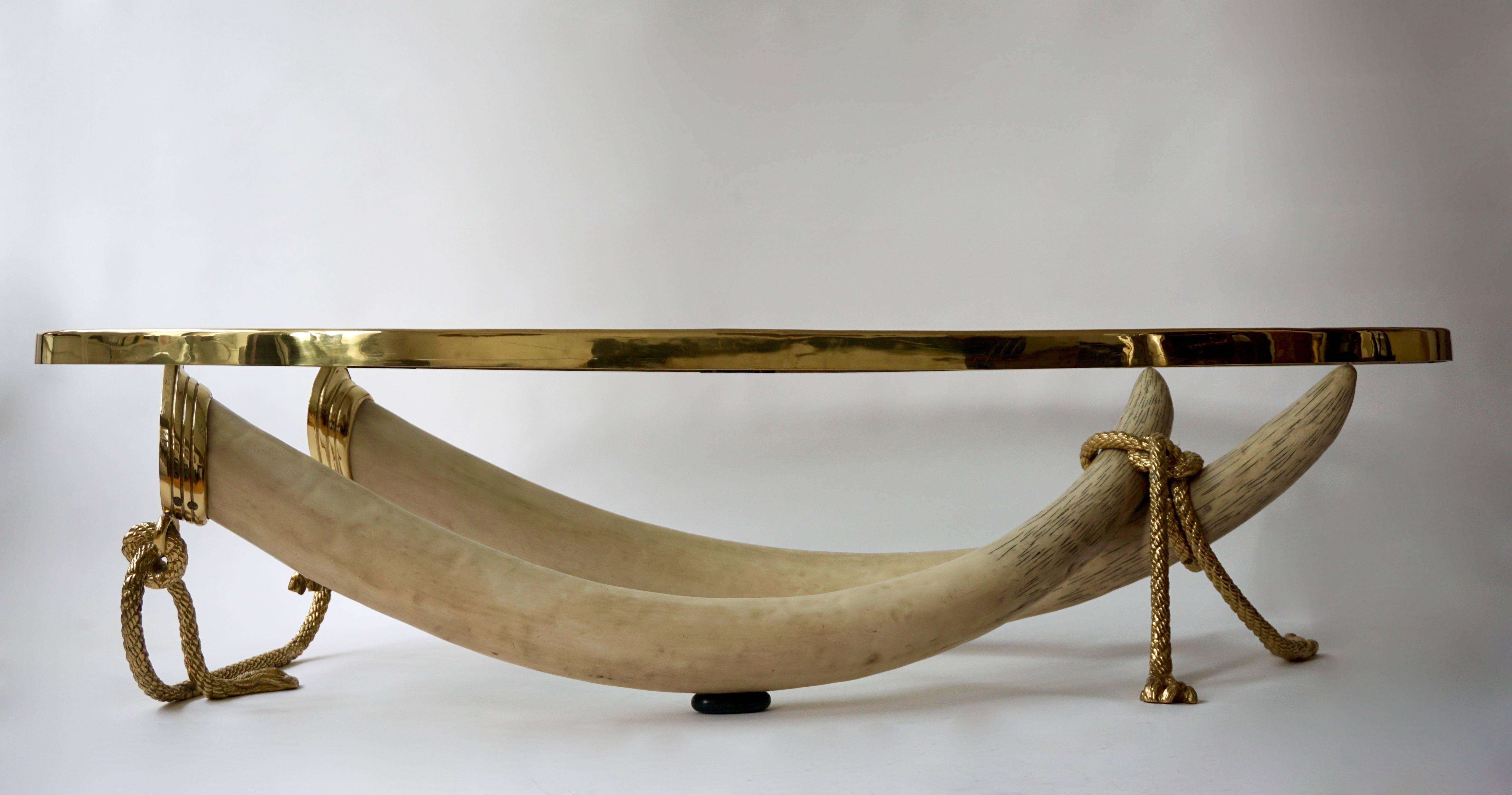 Spanish Glass and Brass Elephant Tusk Base Coffee Table by Valenti, 1970s