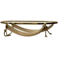 Vintage Glass and Brass Elephant Tusk Base Coffee Table by Valenti, 1970s