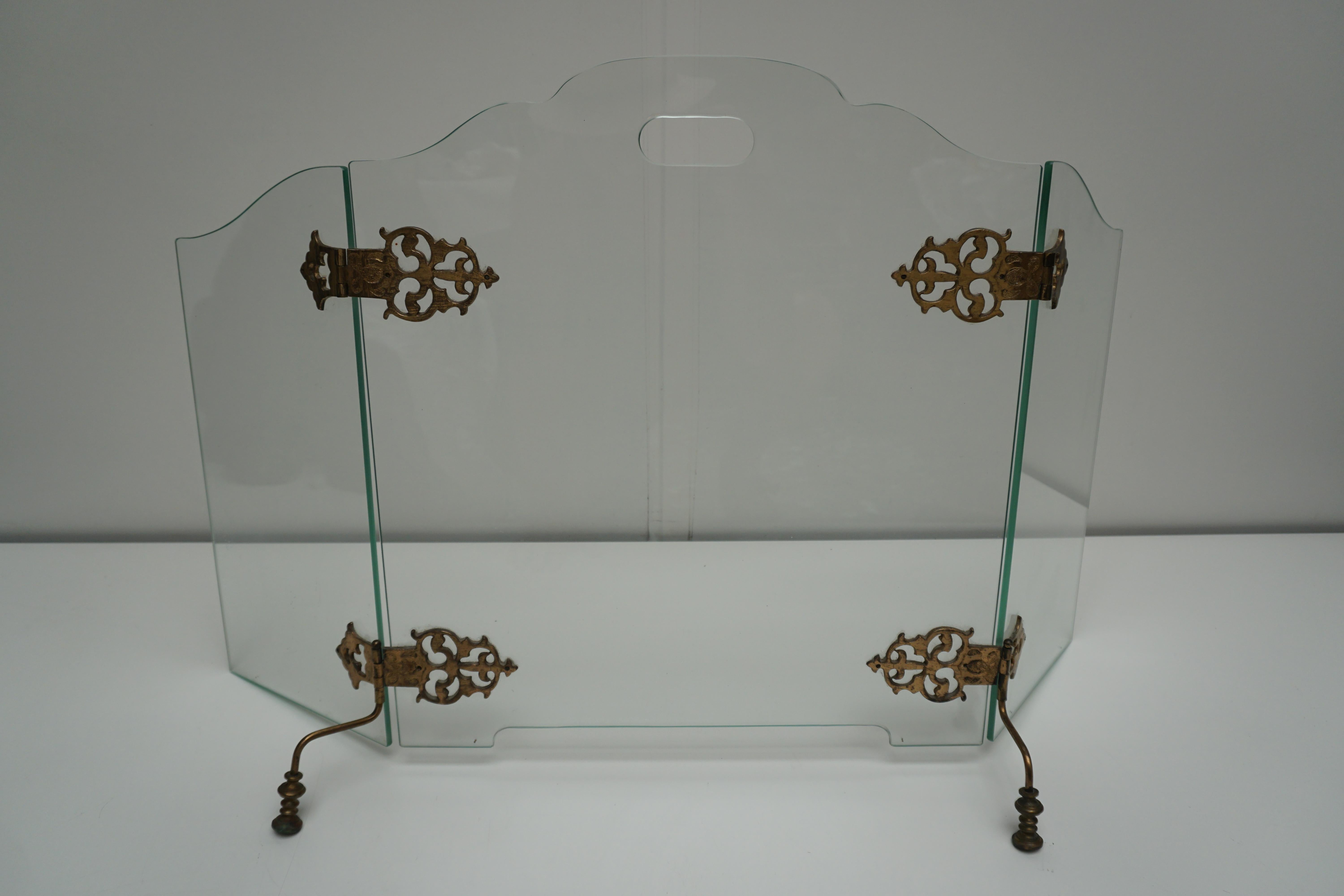 Hollywood Regency Glass and Brass Fireplace Screen For Sale