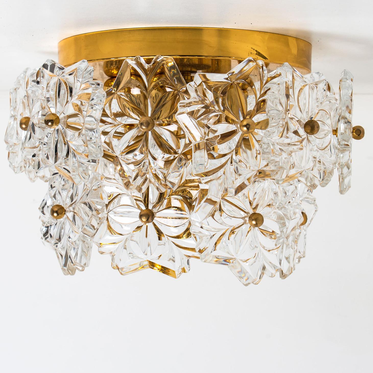 Mid-Century Modern Glass and Brass Floral Two Tiers Flush Mount, Germany, 1970s For Sale